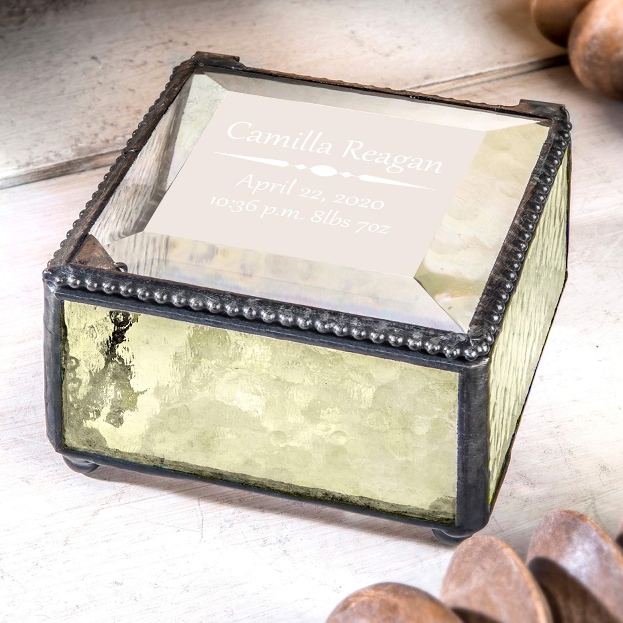 Personalized Baby Keepsake Box - Engraved Glass Jewelry Gift for Newborn Nursery Decor (Yellow)