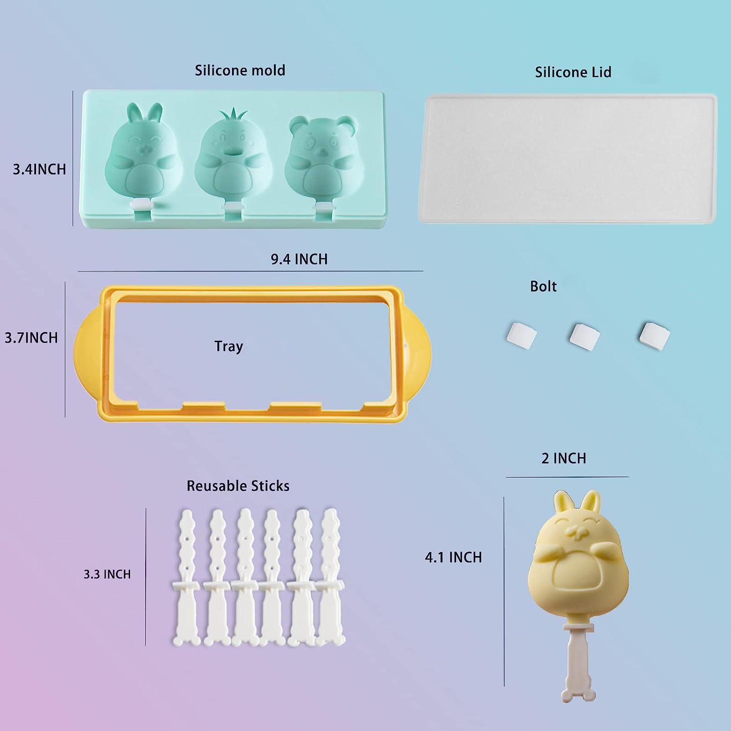 Best Silicone Popsicle Molds - 3 Cavity Animal & Fruit Ice Cream Makers for DIY Homemade Treats - Perfect for Summer Snacks, Kids Parties & Healthy Frozen Desserts (Rabbit Design)