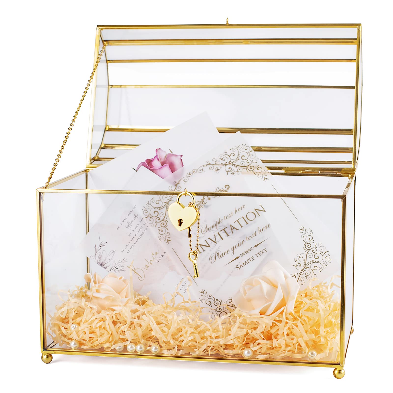 Elegant Gold Wedding Glass Card Box with Secure Heart Lock - Large Clear Card Holder for Wedding Reception, Bridal Shower, Anniversary - Handmade Brass & Glass Display Box Perfect for Wedding Centerpiece & Gift Collection - Ideal for Wedding Decor, Bridal Party, and Special Events