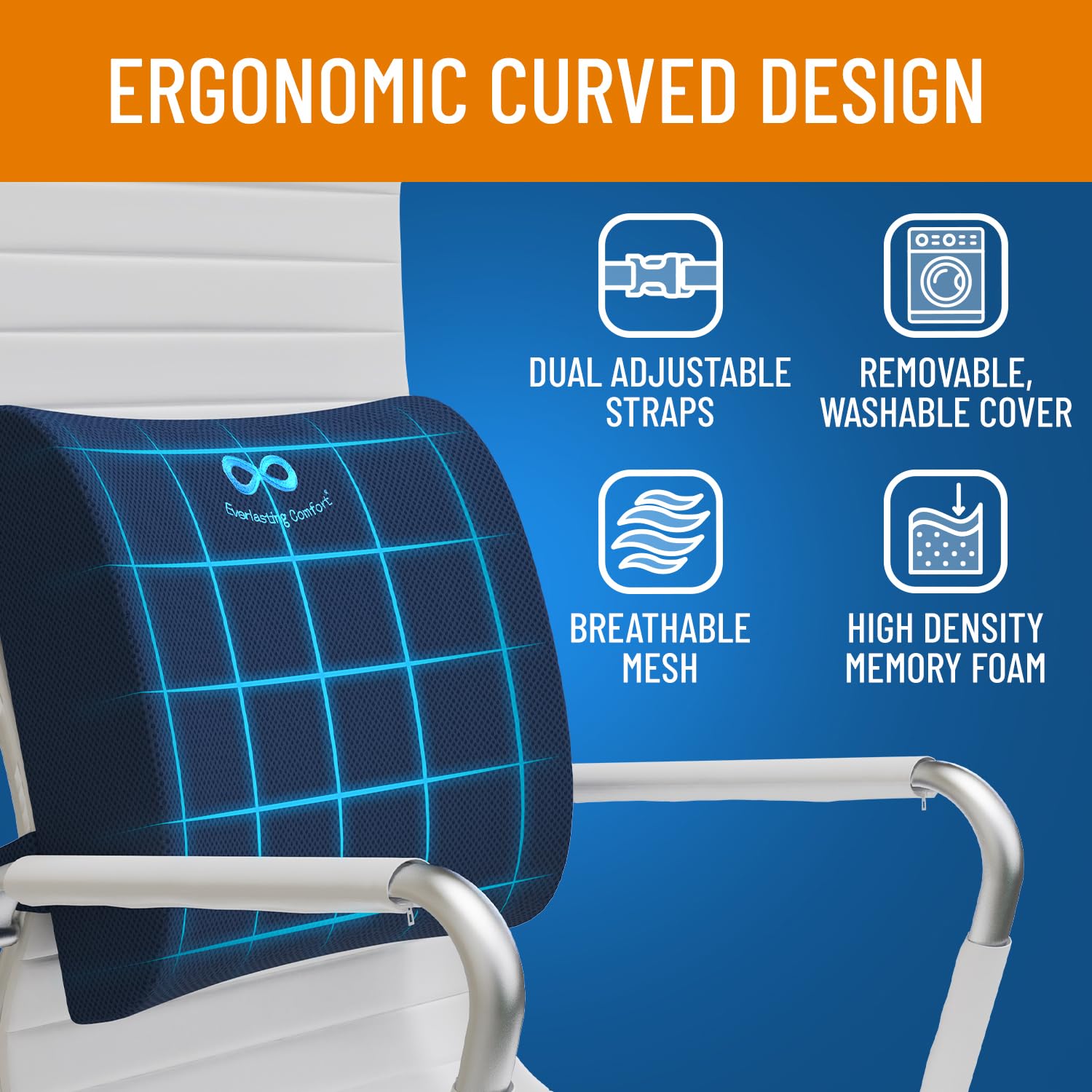 Everlasting Comfort Memory Foam Lumbar Support Pillow for Office Chairs - Orthopedic Back Cushion for Desk, Car & Couch - Relieves Lower Back Pain & Improves Posture - Perfect for Gaming, Working & Long Drives - Home & Office Use