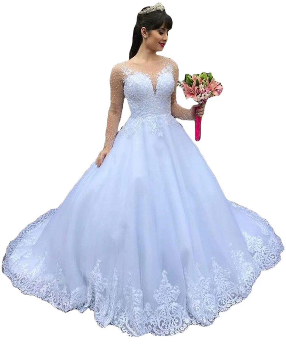 Elegant Crystal Beaded Wedding Dress for Bride - Long Sleeve Lace Ball Gown with Tulle Skirt | Perfect for Church Ceremony, Formal Reception & Bridal Photography