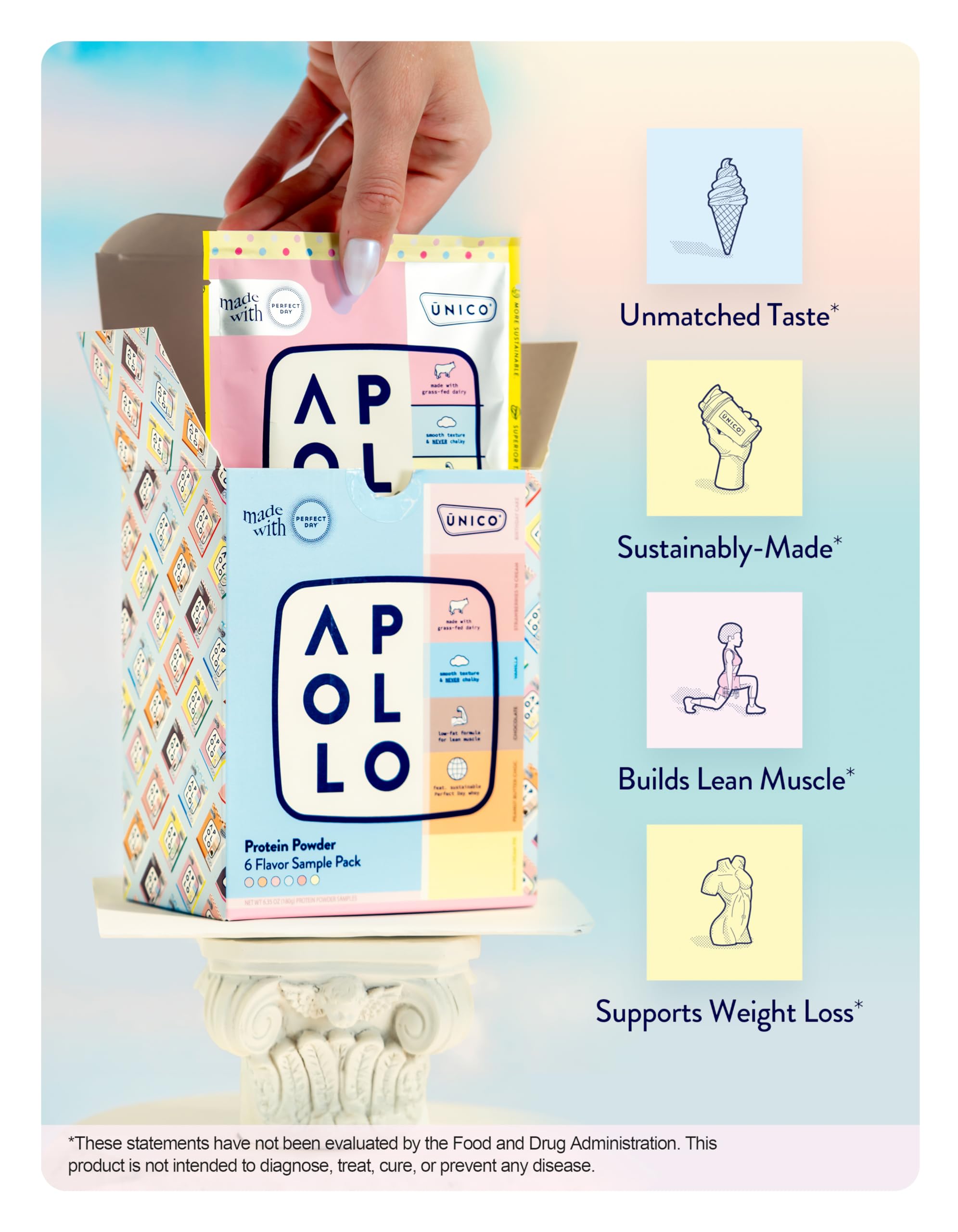 Unico Apollo Protein Powder Sample Pack - 6 Delicious Flavors in Single-Serve Pouches | Grass-Fed Whey, Casein & Egg White Protein Blend | Smooth Non-Chalky Texture | Perfect for Gym, Workout Recovery & Healthy Snacking