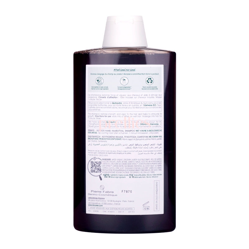 KLORANE Strengthening Shampoo with Quinine & Organic Edelweiss - 400ml for Thinning Hair - Hair Loss Treatment & Volumizing Shampoo - Vegan & Natural Ingredients - For Daily Hair Care Routine