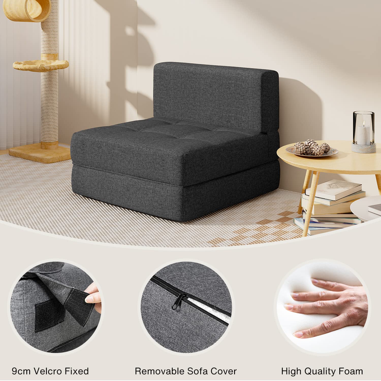 Aiho Convertible Sleeper Sofa Bed with Memory Foam - Modern Linen Fabric Futon Couch with Removable Cover - Space Saving Sofa Bed for Small Apartments, Living Rooms & Lofts - Dark Grey - Perfect for Guest Rooms, Home Offices & Studio Apartments