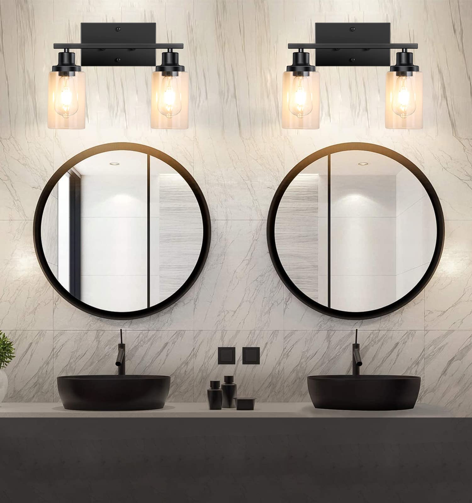 Modern Black 2-Light Bathroom Vanity Light with Glass Shade - Mirror Lighting for Bathroom & Bedroom
