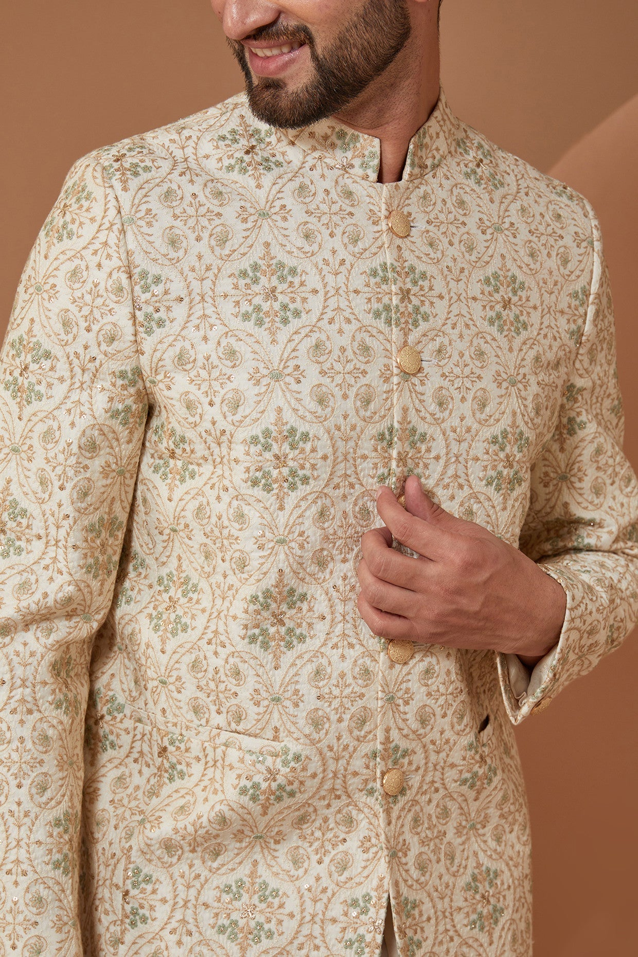 Ivory Cream Embroidered Bandhgala Sherwani for Men | Traditional Indian Wedding Suit | Perfect for Groom Outfit, Festive Occasions & Cultural Events