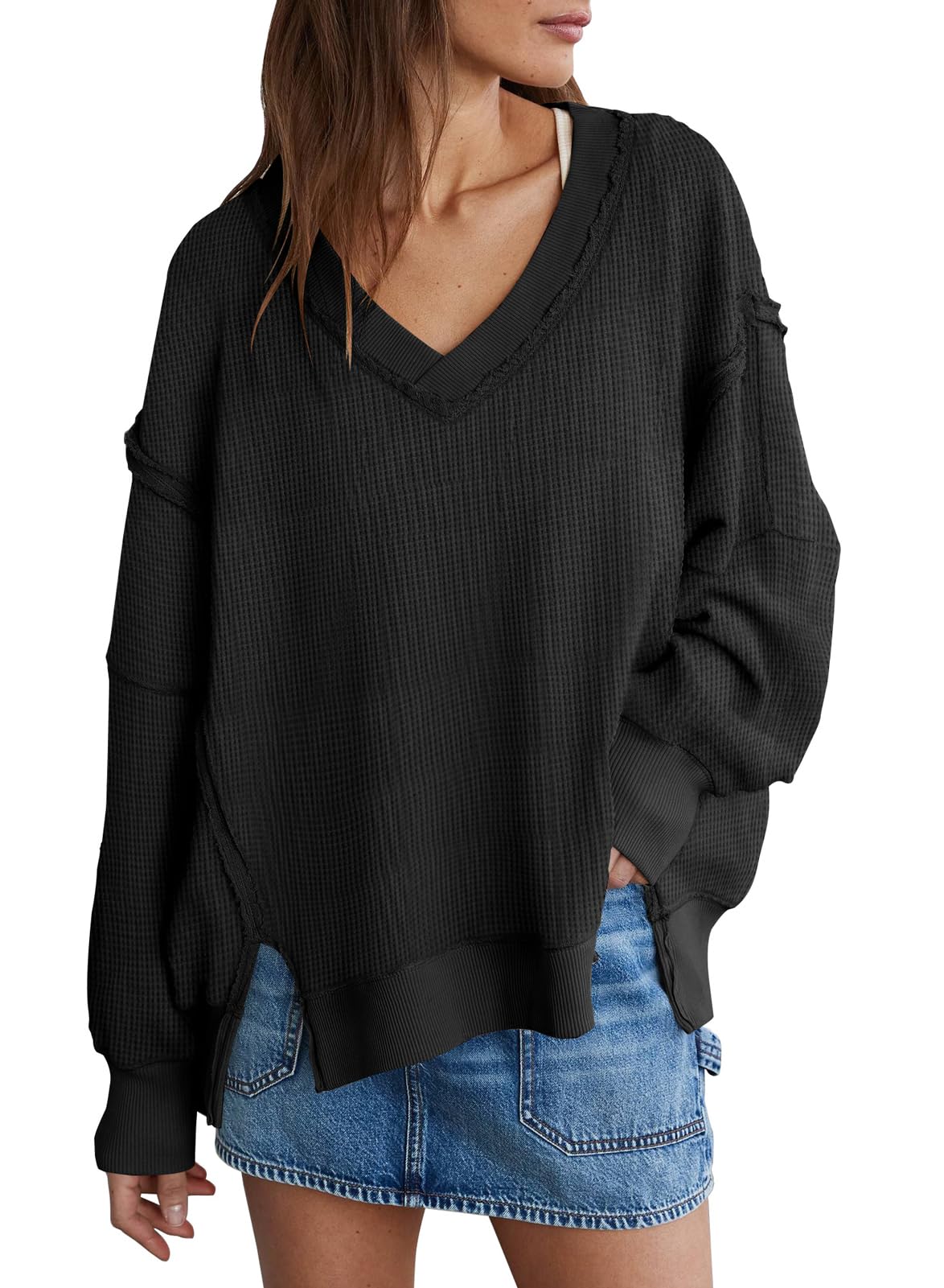 Miduo Women's Oversized Waffle Knit Sweatshirt - V Neck Long Sleeve Pullover with Reverse Seam & Side Splits | Cozy Casual Loungewear for Fall & Winter | Perfect for Home, Office & Weekend Outings