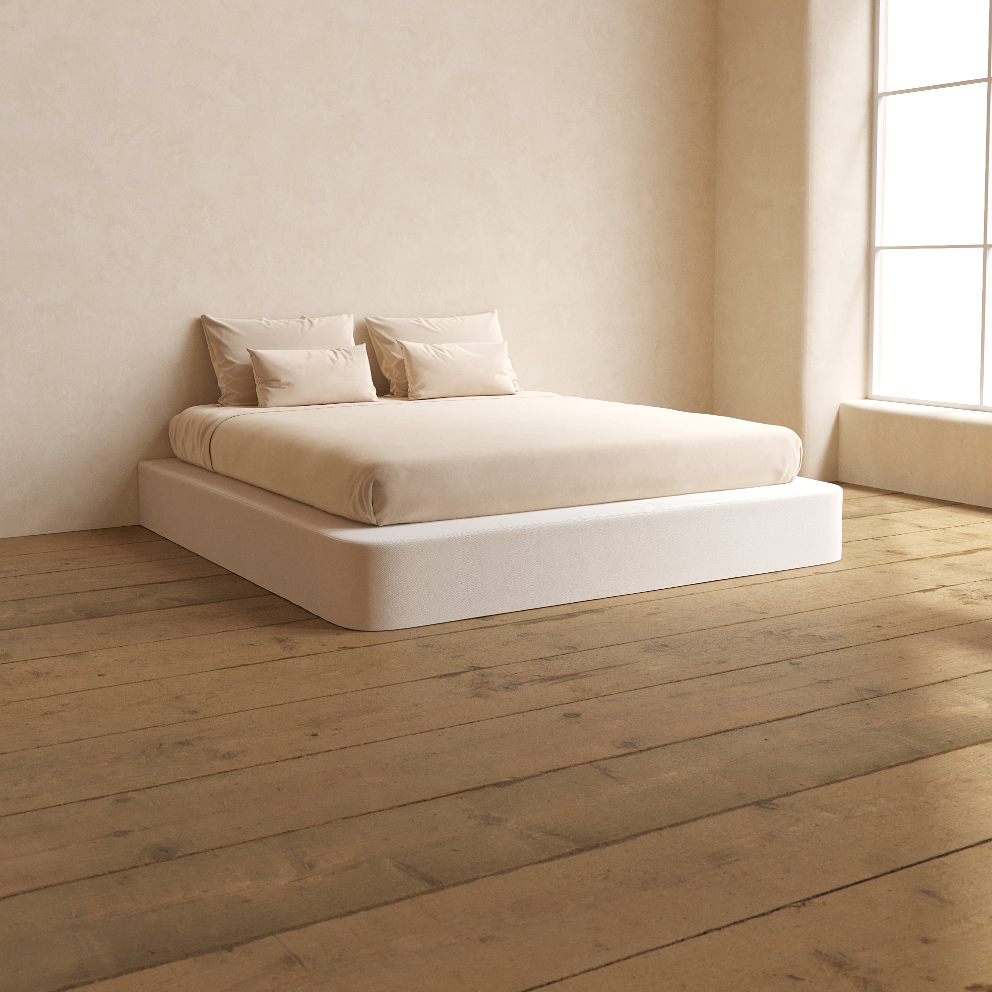 King Upholstered Platform Bed Frame with Plush Weave Fabric in Eggshell White - Queen Size Bed for Master Bedroom, Guest Room & Modern Home Decor