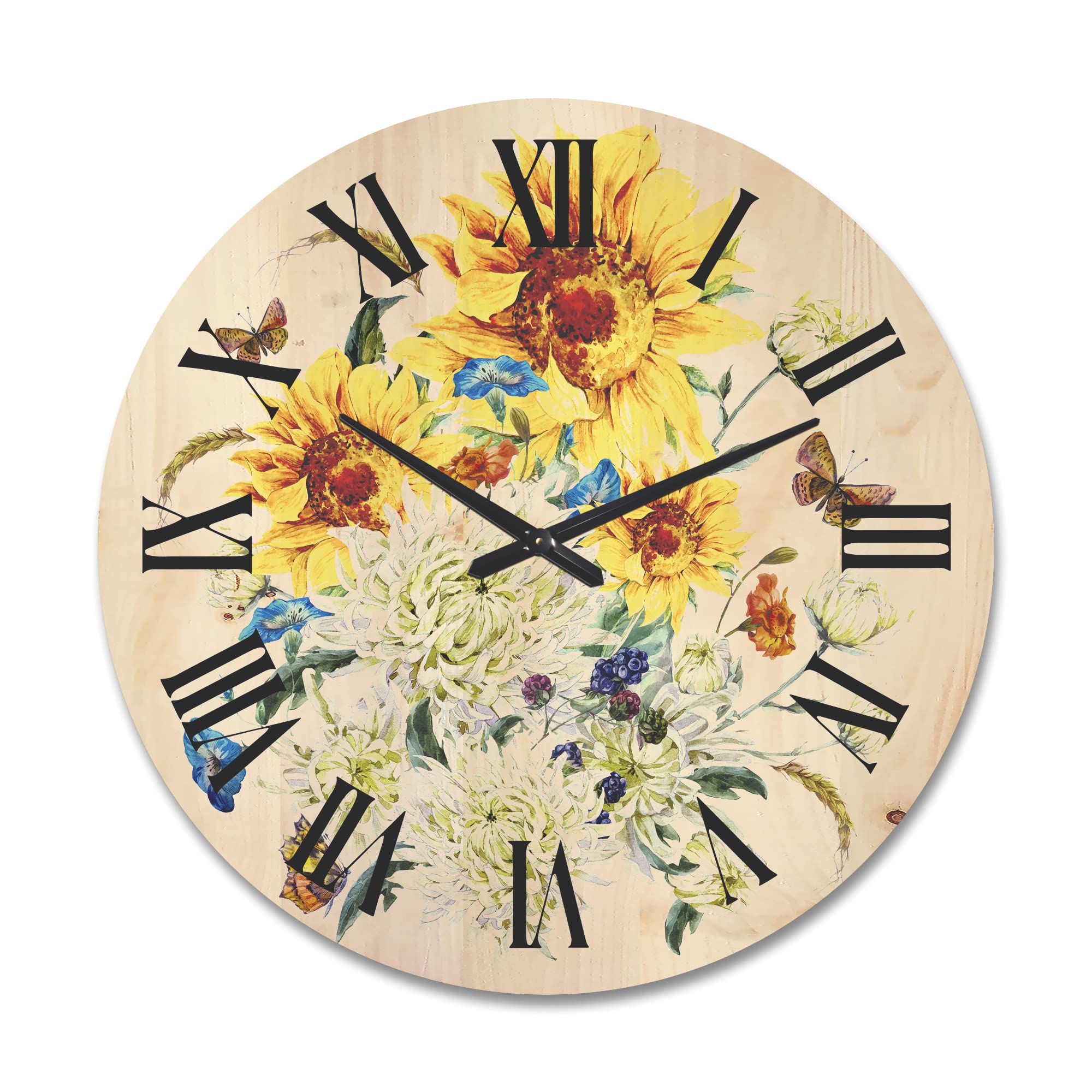 Vintage Floral Wood Wall Clock - Large Decorative Sunflower & Chrysanthemum Design - Oversized Botanical Wall Clock for Living Room, Bedroom & Office Décor | Perfect Farmhouse & Rustic Home Decor