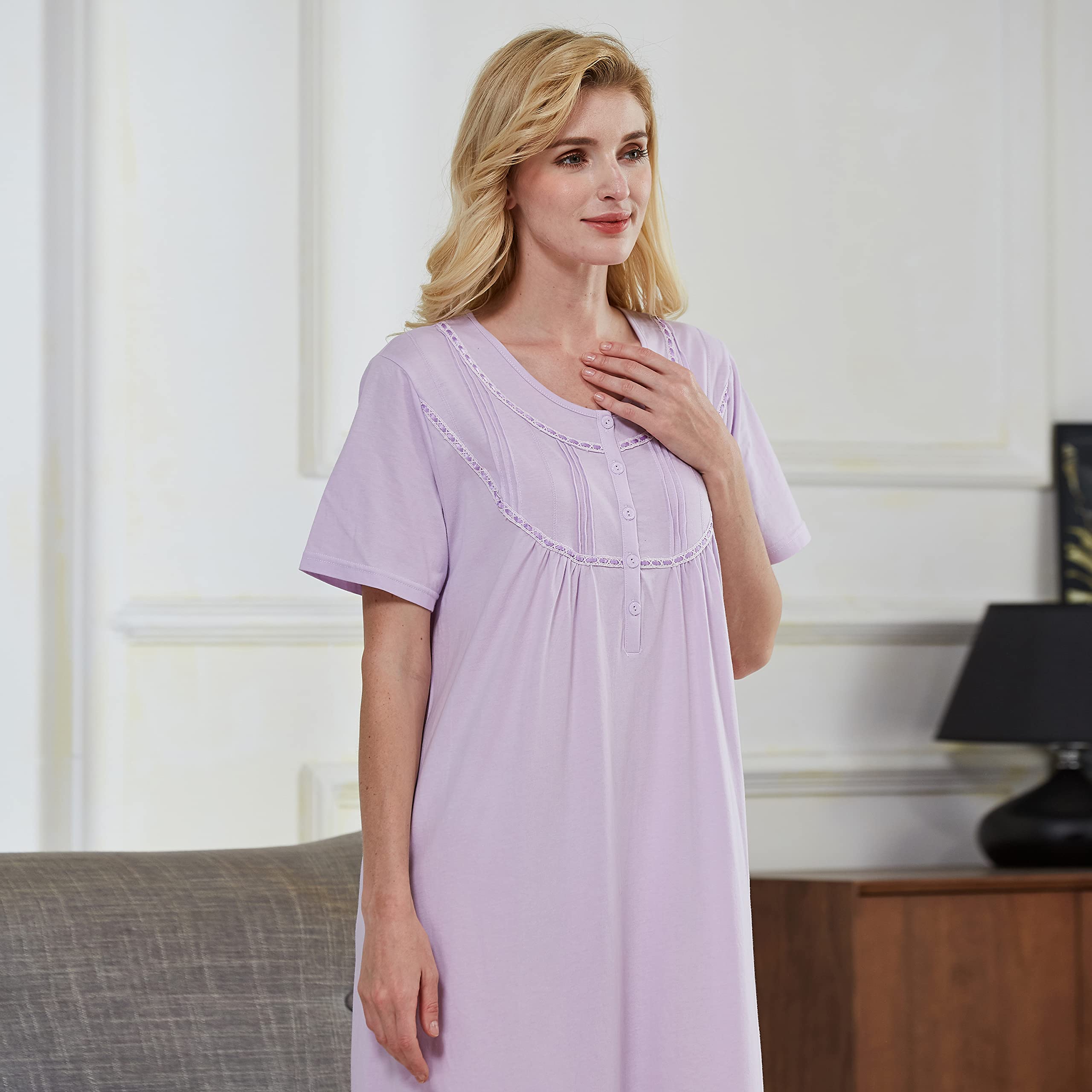 Keyocean Women's Soft 100% Cotton Lightweight Short Sleeve Nightgown - Comfortable Sleepwear for Summer & Lounge Wear at Home