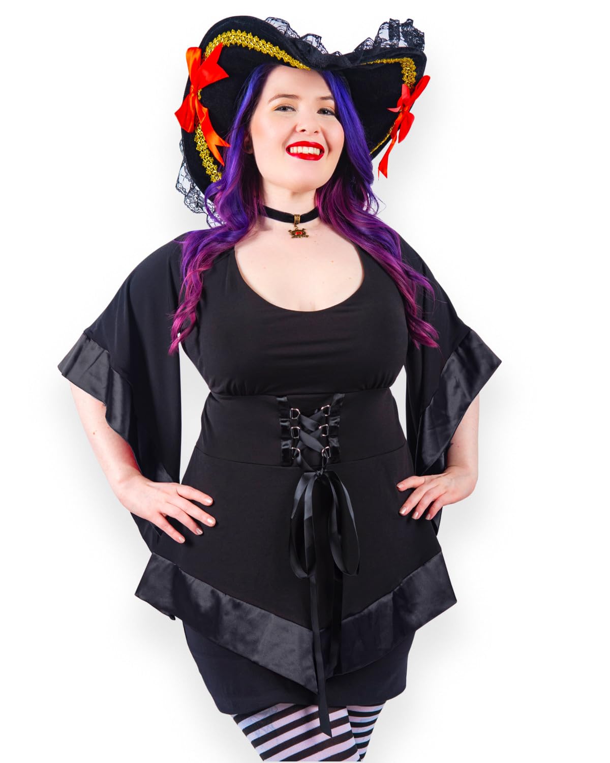 Buccaneer Costume Set for Women - Velour Pirate Hat, Gothic Corset Top, Striped Tights & Choker Necklace | Halloween Cosplay, Pirate Party, Renaissance Fair Outfit