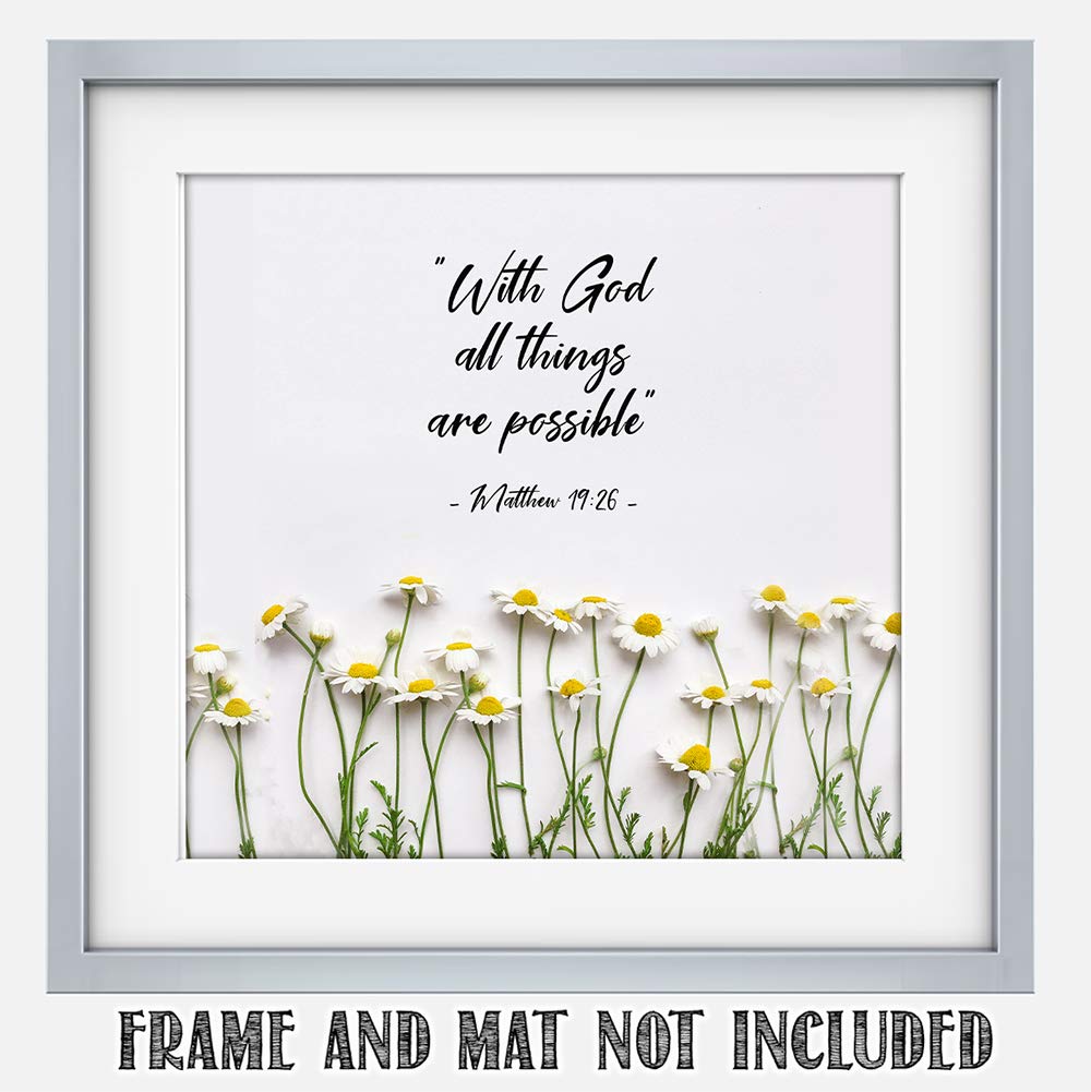 TJ Originals - Matthew 19:26 Bible Verse Wall Art - 'With God All Things Are Possible' Christian Scripture Print - 11x14 Inspirational Home Decor - Perfect Gift for Family, Friends & Women (White Daisies Design) - Ideal for Living Room, Bedroom, Office & Church Decorations