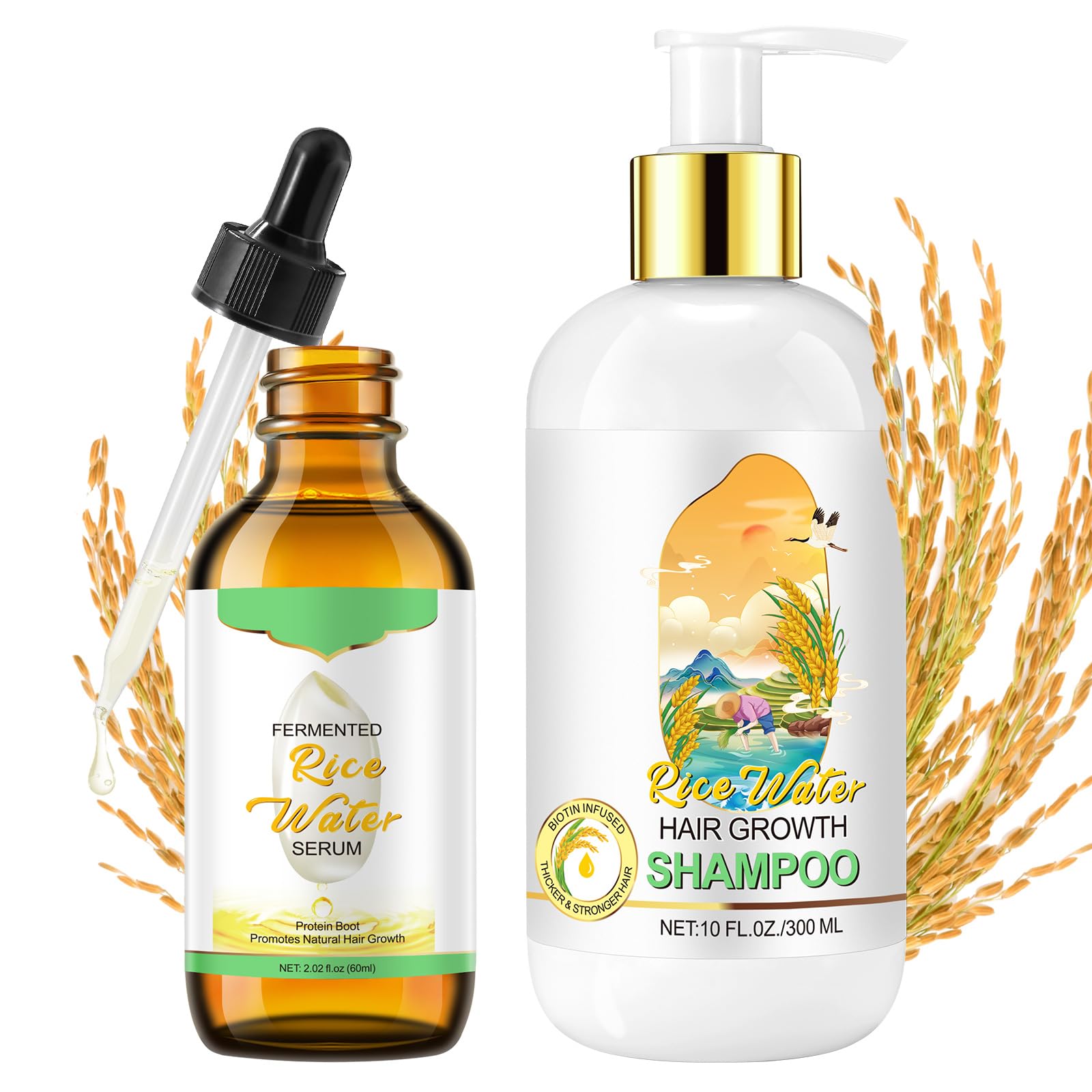 Fermented Rice Water Shampoo with Biotin for Hair Growth | Nourishing Hair Oil for Dry & Damaged Hair | Anti-Hair Loss Serum for Thinning Hair | Suitable for All Hair Types - Men & Women | Perfect for Daily Hair Care & Scalp Treatment