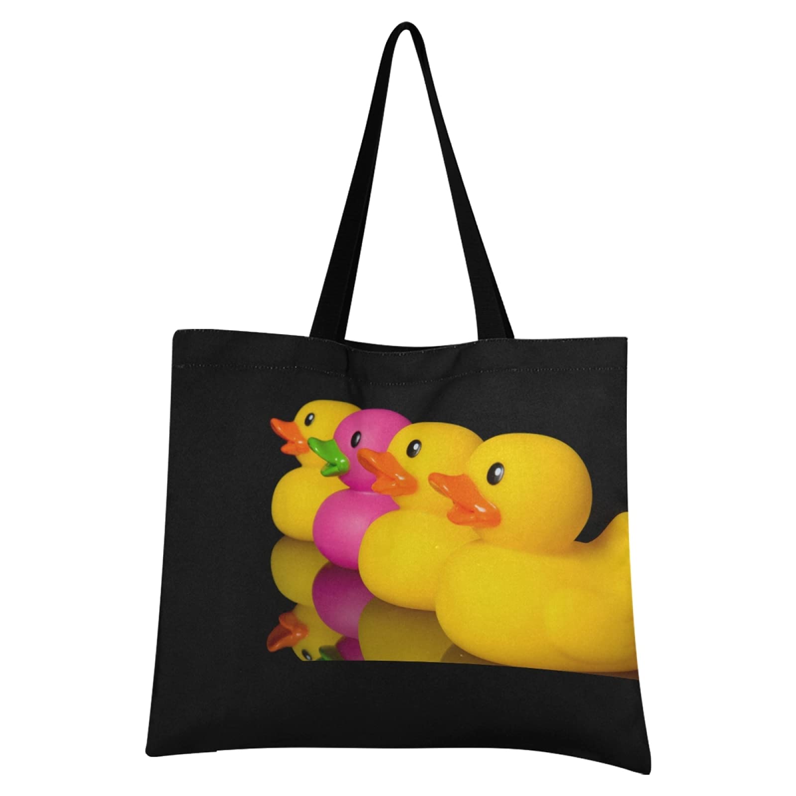 Yellow & Pink Rubber Duck Print Reusable Canvas Tote Bag - Large Grocery Shopping Bag for Women, Durable Shoulder Handbag for Travel, Beach & Outdoor Activities
