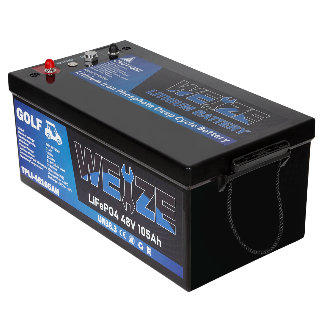 WEIZE 48V 105Ah LiFePO4 Deep Cycle Golf Cart Battery - 5376Wh Bluetooth Lithium Battery with 8000+ Cycles, 200A BMS & 10 Year Warranty - Includes Fast Charger for Golf Carts, RVs, Marine & Solar Power Systems