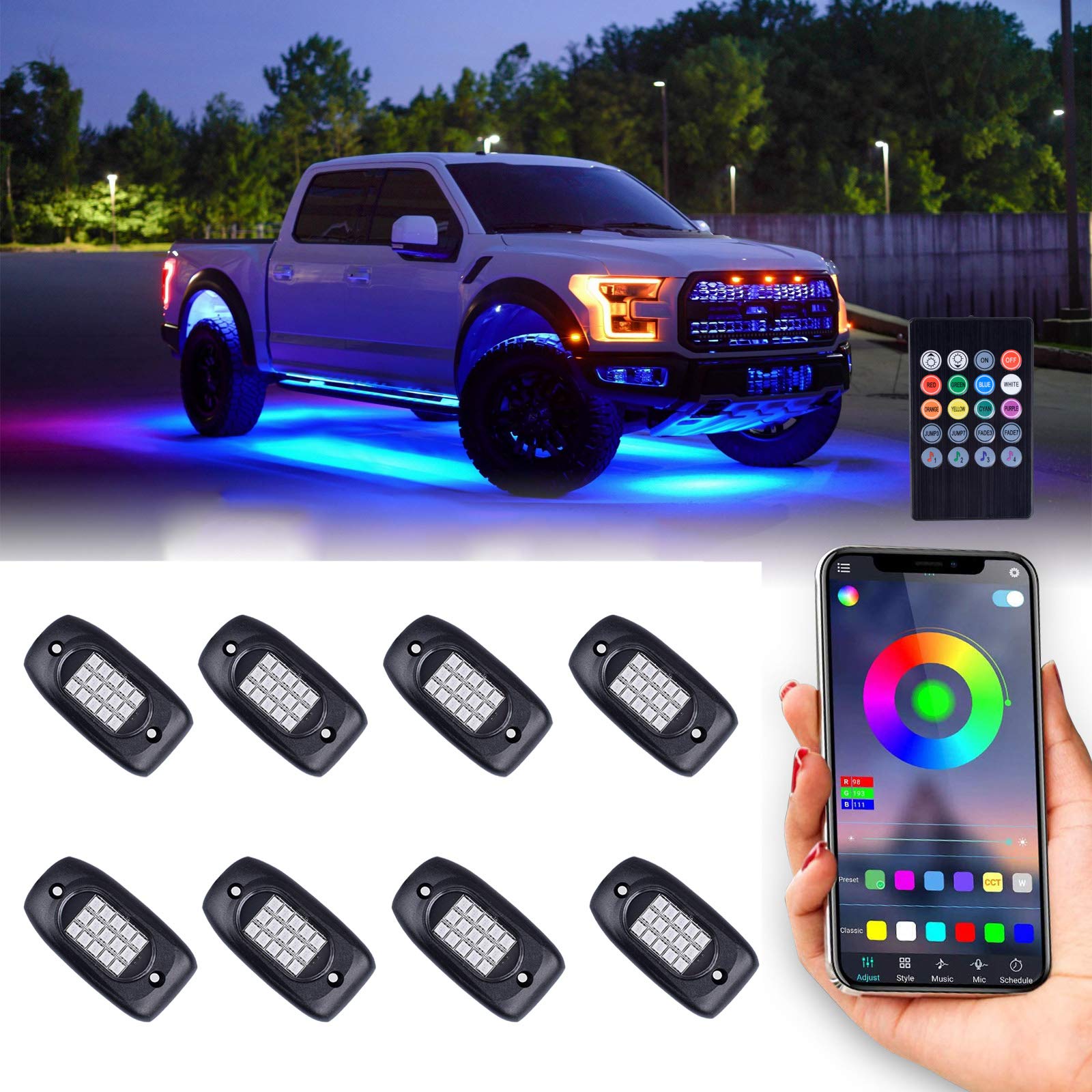 Waterproof RGB LED Rock Lights - 8Pcs Neon Underglow Lighting Kit with APP & Wireless Remote Control for Cars, Trucks, SUVs, Motorcycles | Enhance Your Vehicle's Style for Night Driving, Car Shows & Off-Road Adventures