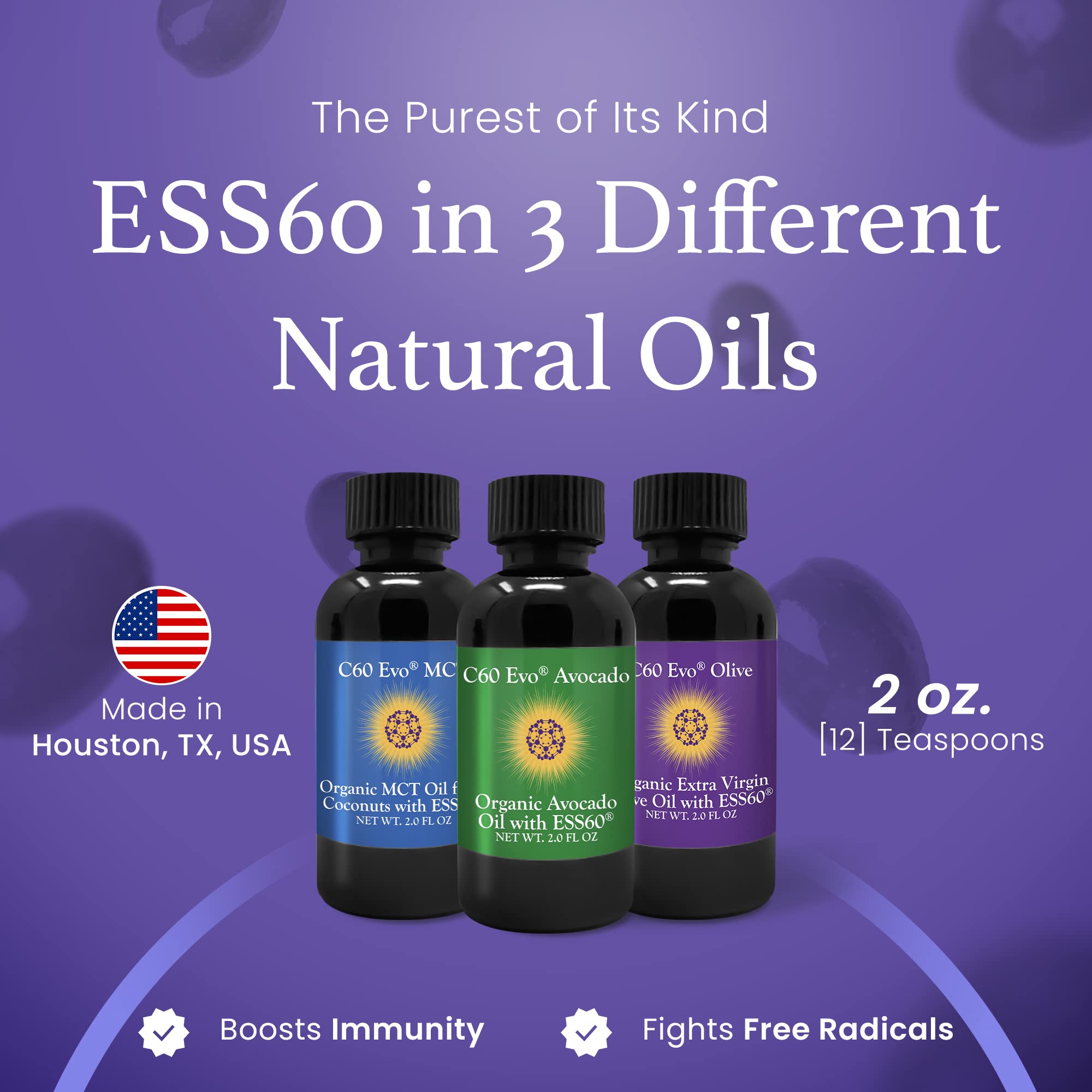 Premium C60 Evo All-Natural Edible Oil Sampler Set - Pure C60 ESS60 for Immune & Joint Support (Olive Oil, Avocado Oil & MCT Coconut Oil) - 3 Bottles, 2 oz Each - Perfect for Daily Wellness, Cooking & Natural Supplementation