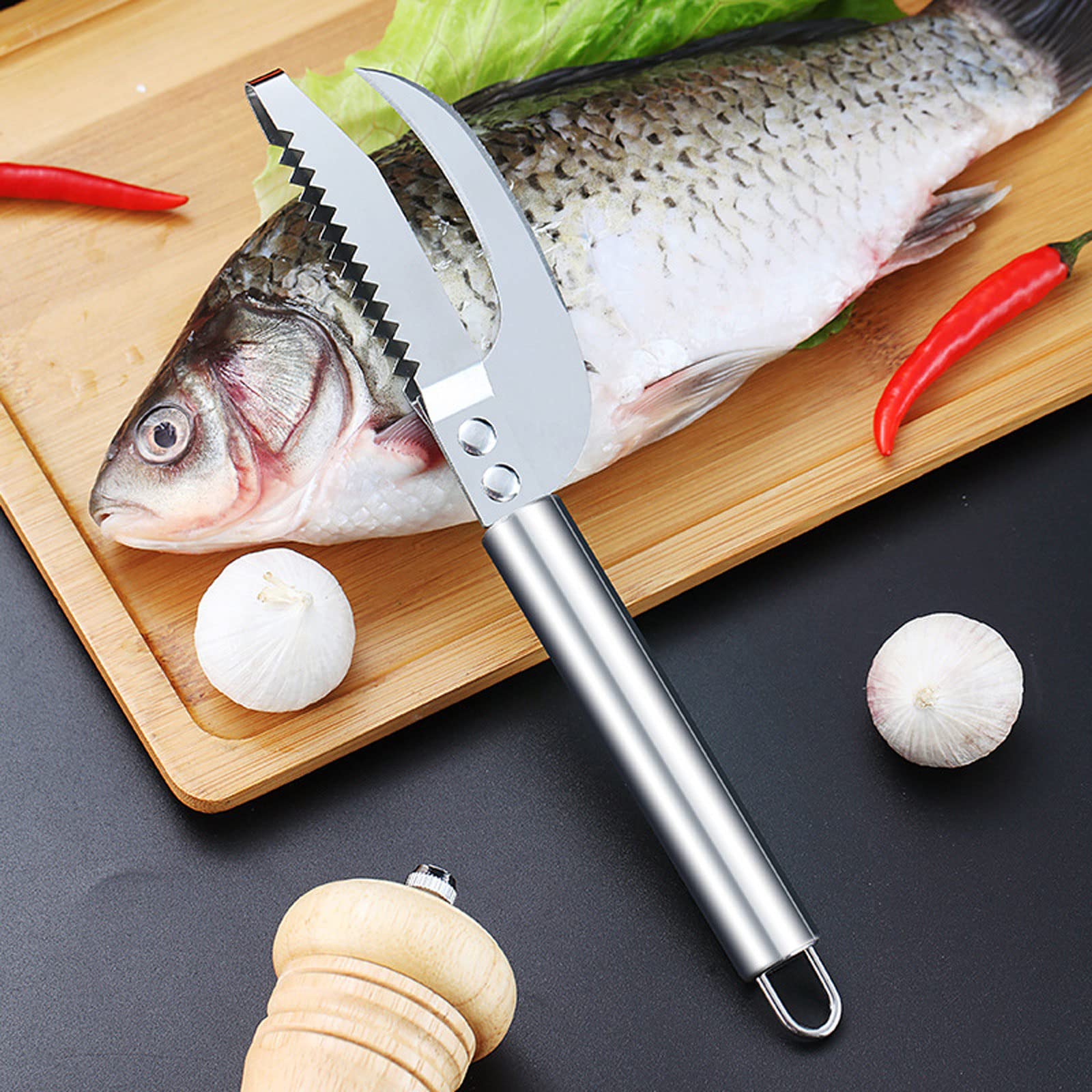 3-in-1 Stainless Steel Fish Scale Knife - Scraper, Digger & Cutter for Fish Cleaning | Professional Fish Scaler Remover & Kitchen Tool | Perfect for Home Cooking, Camping & Outdoor Fishing (1pc)