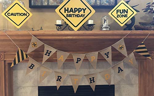 Happy Birthday Burlap Banner Pennants - Pre-Assembled Construction Zone Party Decor for Boys, Girls & Adults | Perfect for Construction Themed Birthday Parties, Baby Showers & Work Celebrations