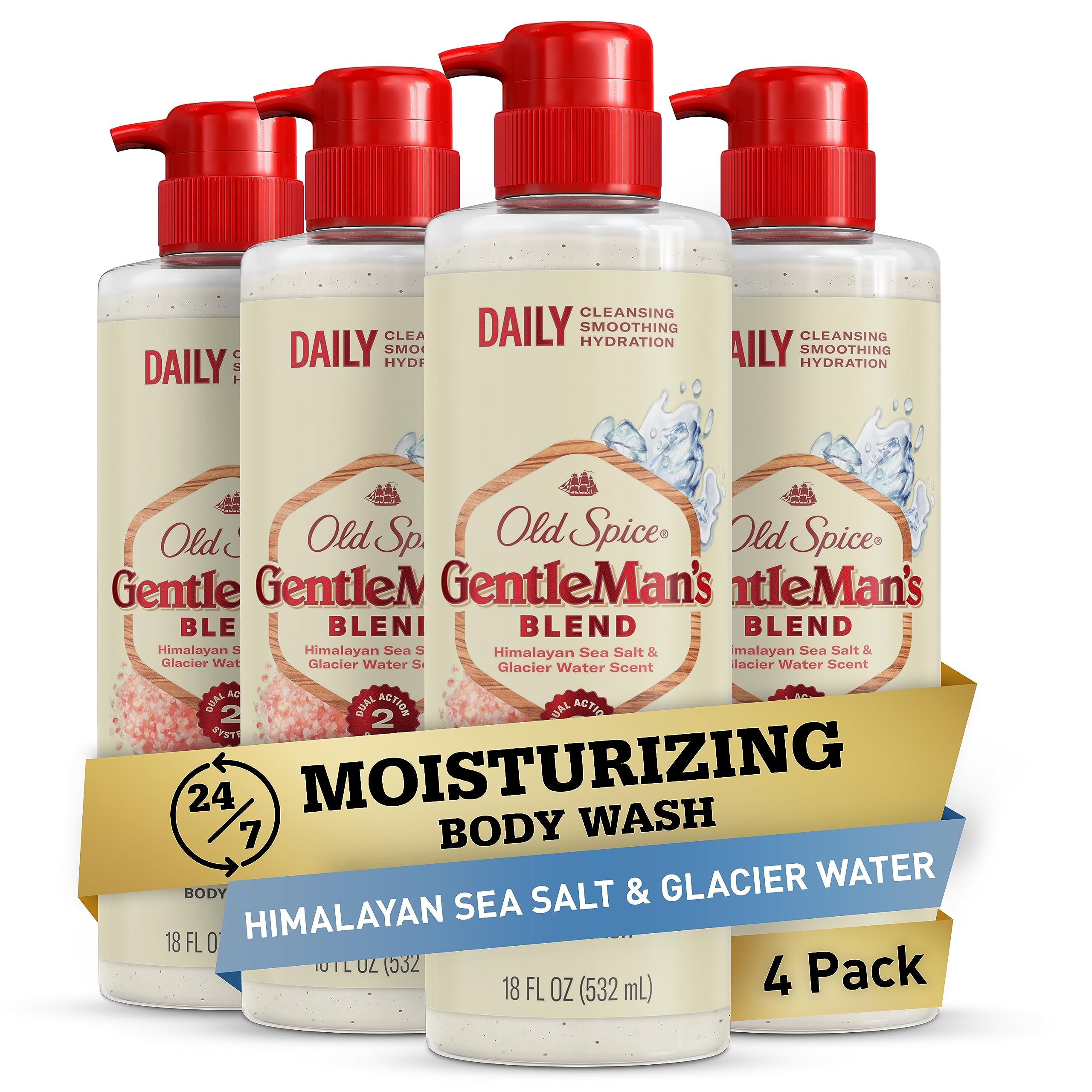 Old Spice Men's Exfoliating & Moisturizing Body Wash - 24/7 Freshness with Long-Lasting Scent, Vitamin B3 & Himalayan Sea Salt, 18 oz (Pack of 4) - Perfect for Post-Workout, Gym & Daily Shower Routine