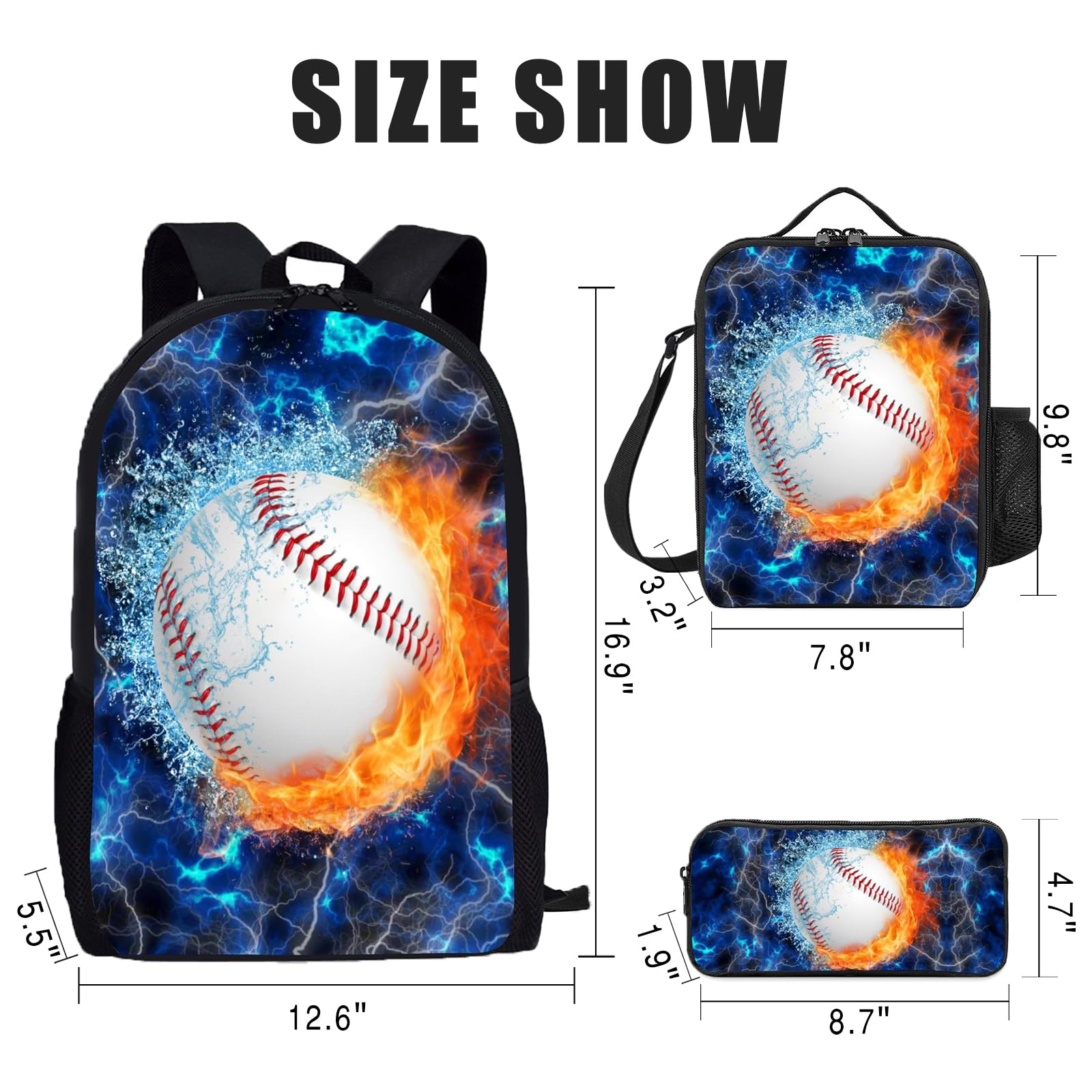 **Kids Backpack Set with Lunch Box & Pencil Case - 3PCS School Backpack for Boys & Girls, Middle & High School Students - Baseball Blue Design - Perfect for School, Travel & Daily Use**
