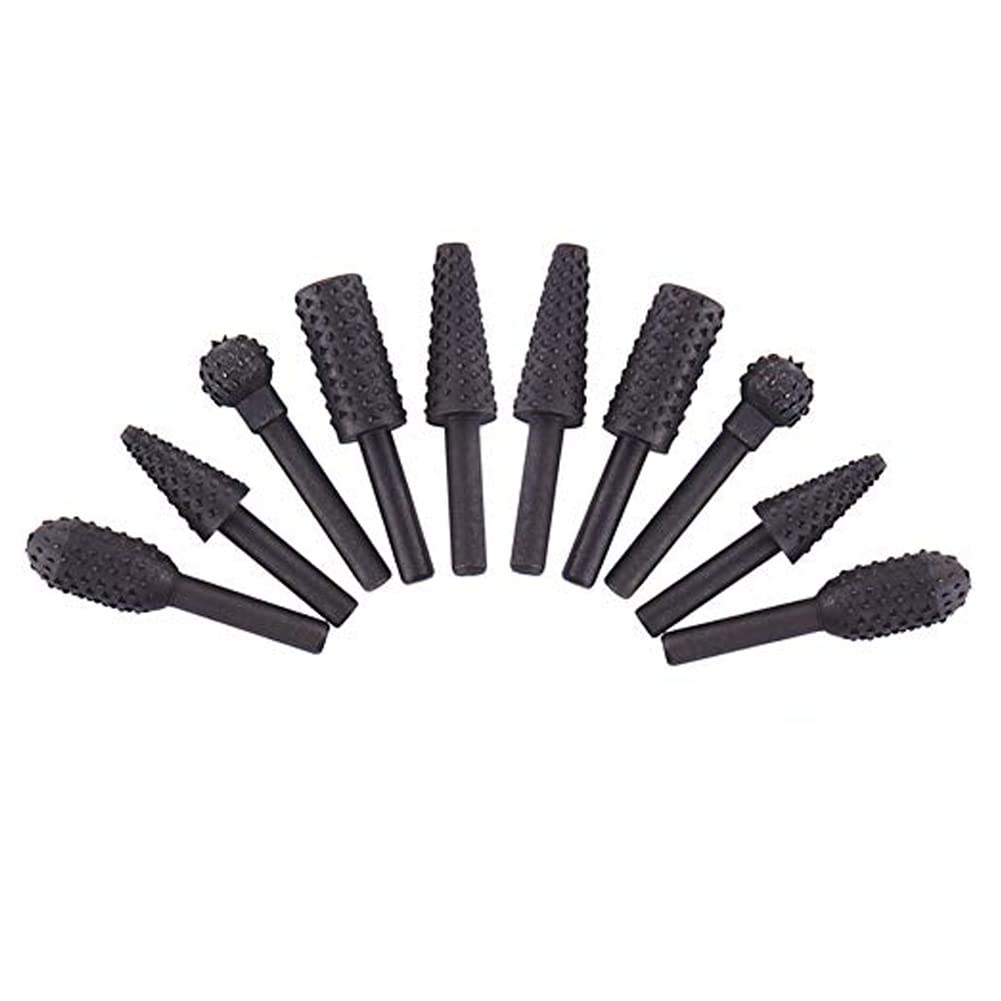 10-Piece Rotary Burr Set for Woodworking - 1/4 Inch Shank Twist Drill Bits, Wood Carving Files & Rasp Bits - Perfect for DIY Wood Projects, Furniture Making, and Crafting - Includes Chisel-Shaped Rotating Embossed Grinding Heads