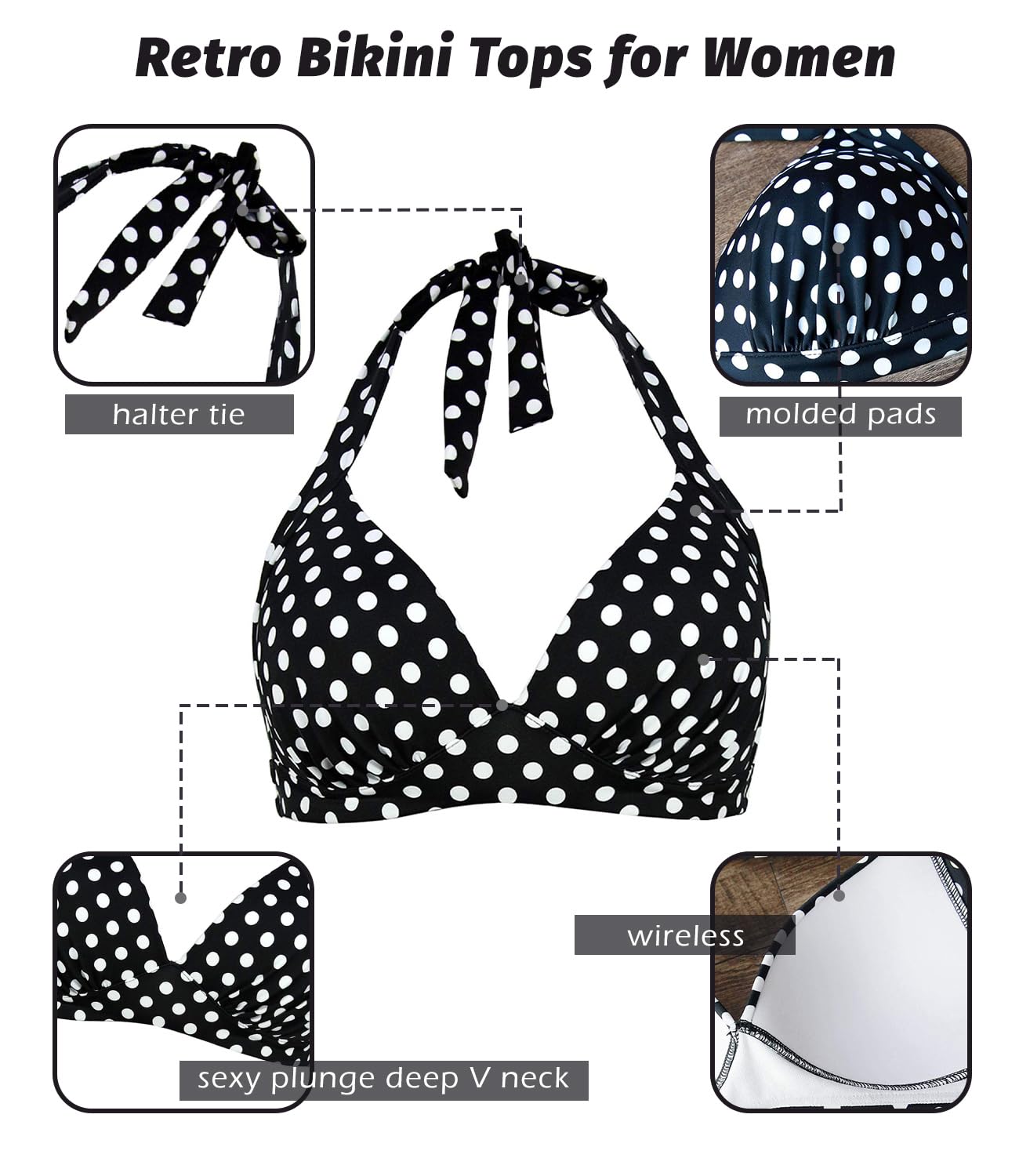 Vintage 50s Halter Neck Bikini Top for Women - Soft Molded Padding, Tie Back Swimsuit - Perfect for Beach, Pool & Summer Vacations