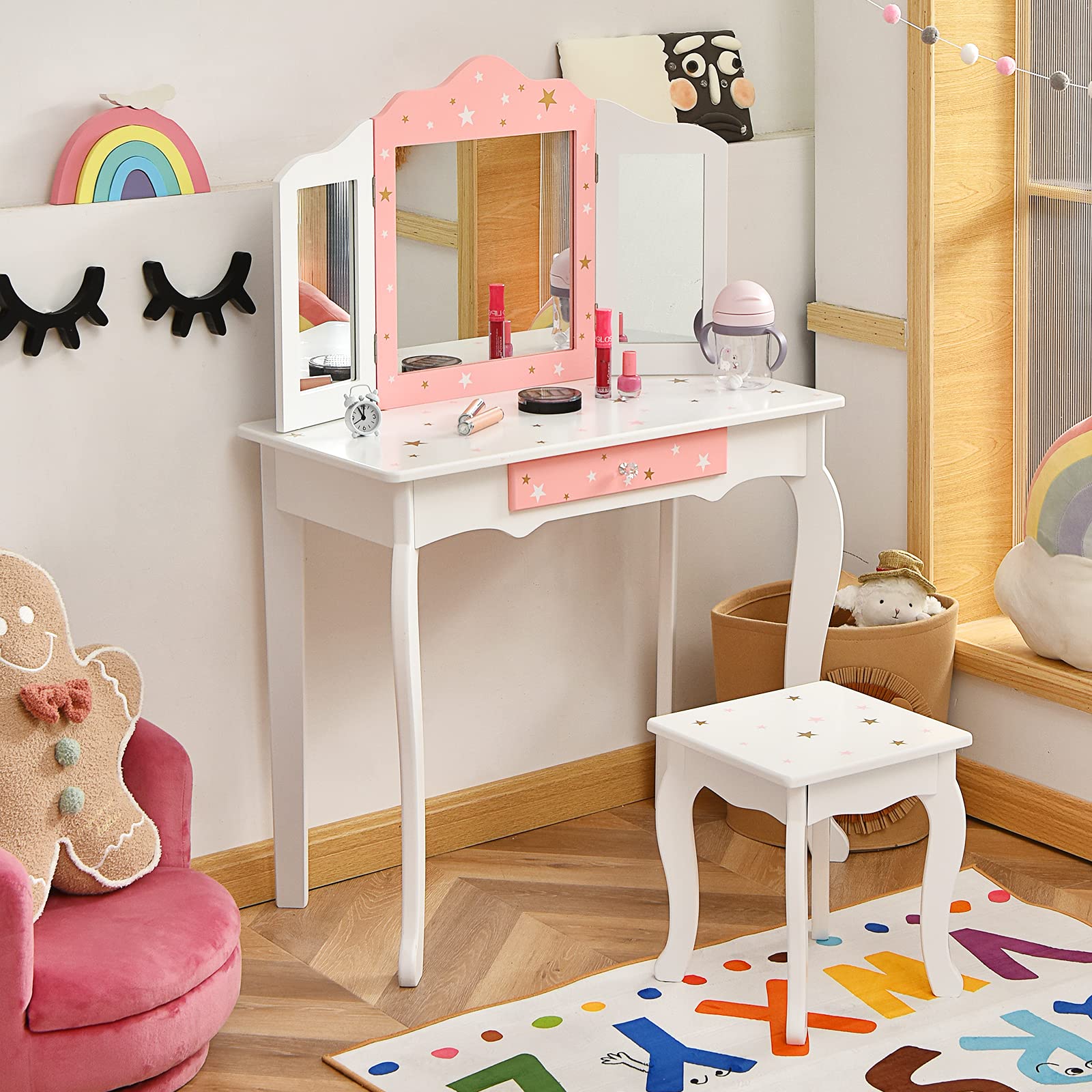 Costzon Kids Vanity Set with Mirror & Stool - Princess Makeup Table for Girls Pretend Play, White