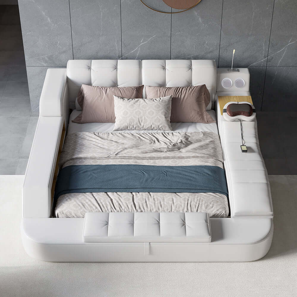 King Size White Smart Bed with Massage & Bluetooth Speaker - Faux Leather Upholstered Adjustable Bed for Ultimate Relaxation | Perfect for Bedroom, Home Theater & Luxury Living Spaces