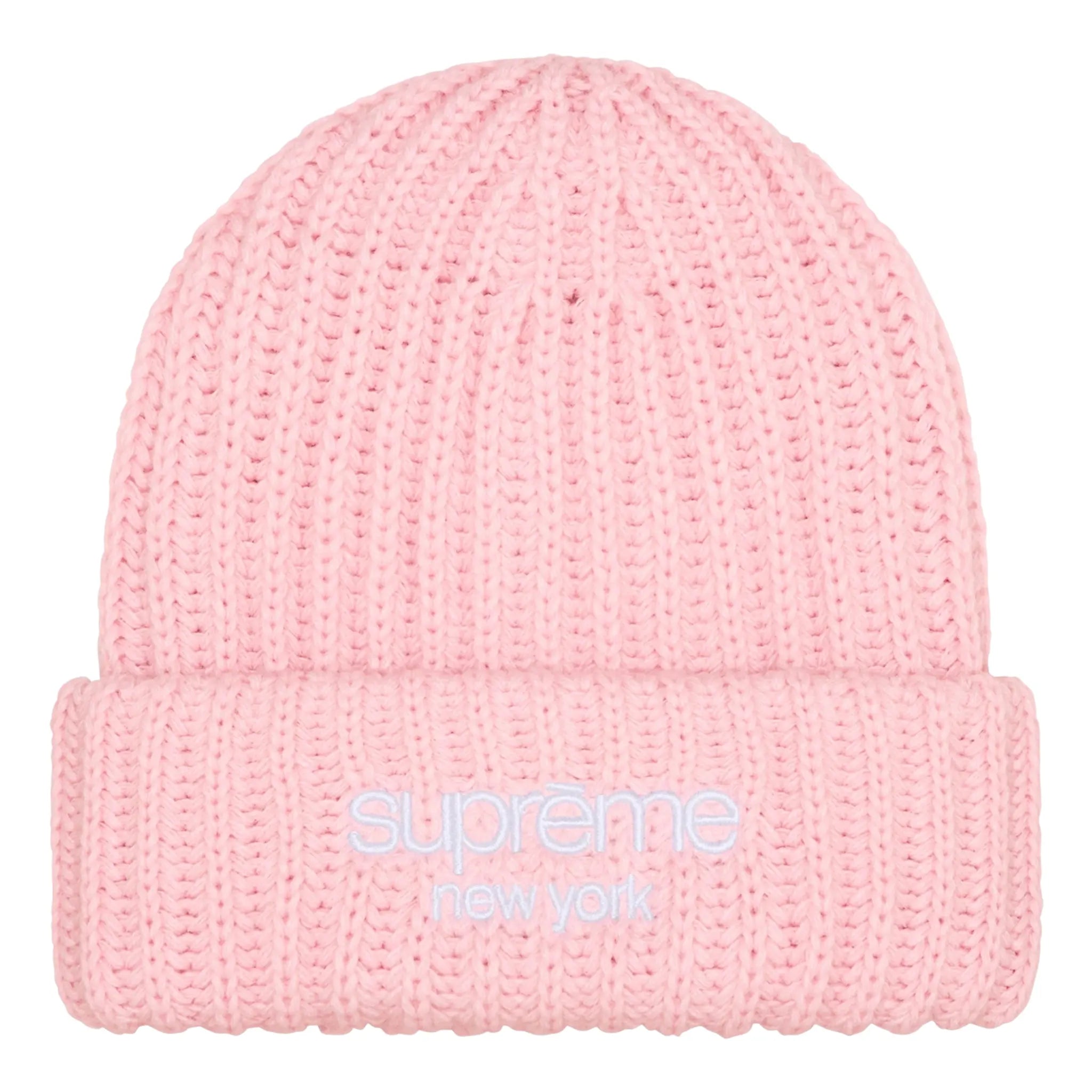 Supreme Classic Logo Chunky Ribbed Pink Beanie - Winter Warm Knit Hat for Men & Women - Perfect for Skiing, Snowboarding & Cold Weather Fashion (FW24 Collection)