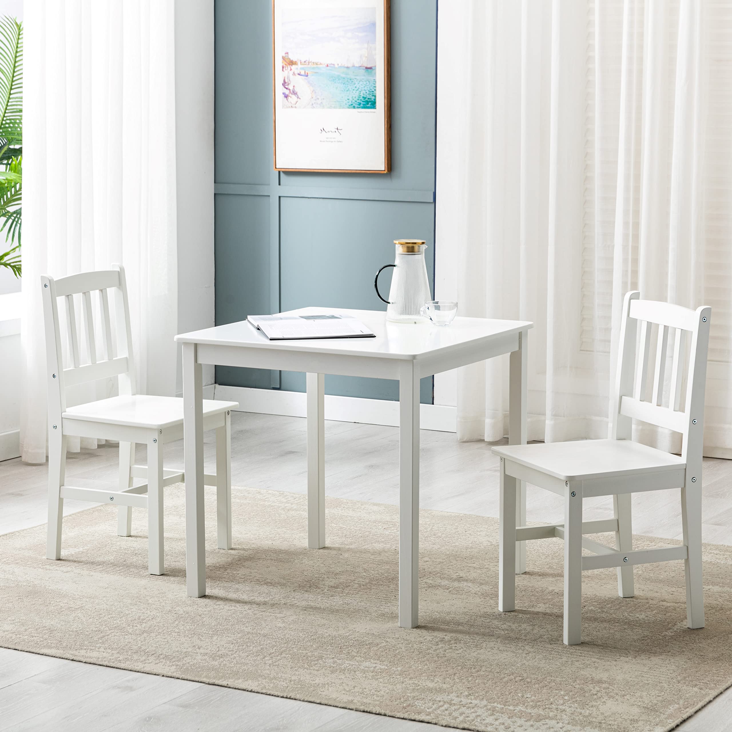Solid Wood Dining Table Set with 2 Chairs - Classic White Kitchen Table for Home & Restaurant Use - MCC Direct 2+1 Seater for Family Meals & Entertaining