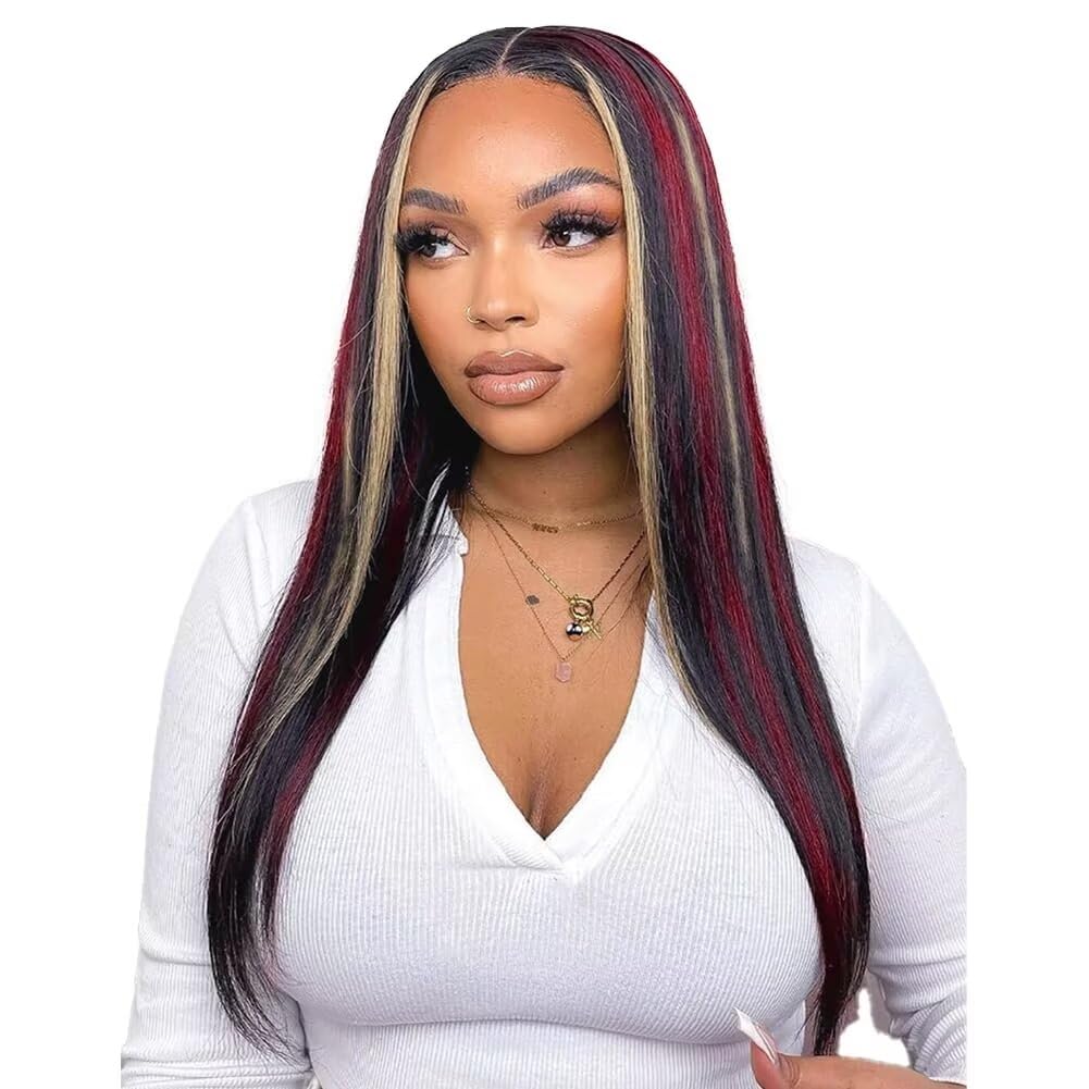 26 Inch Skunk Stripe Human Hair Wig - Burgundy Red Lace Front Wig with Blonde Highlights | 180% Density 13x4 Lace | Ombre Red Straight Human Hair Wig for Cosplay, Halloween & Daily Fashion
