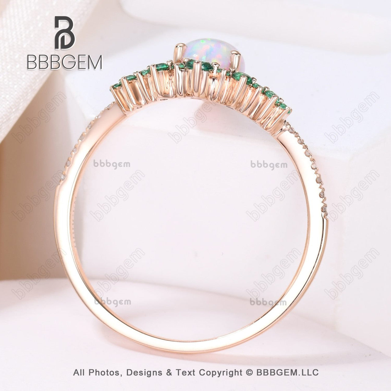Vintage Opal Emerald Engagement Ring - October Birthstone Art Deco Rose Gold Diamond Wedding Band for Women - Perfect for Proposals, Anniversaries & Special Occasions