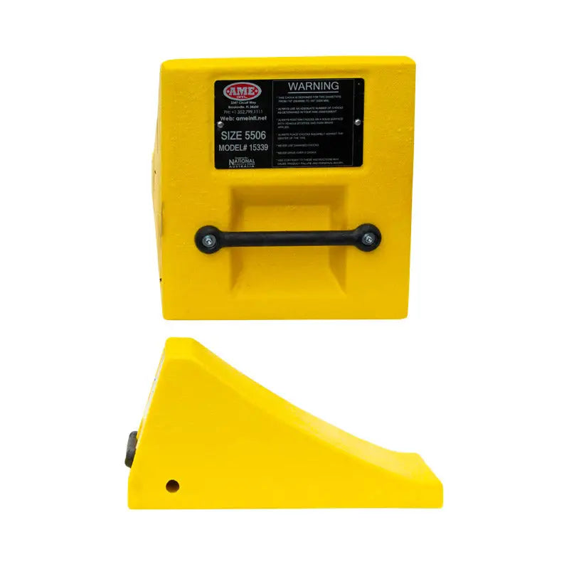 AME Yellow Polyurethane Wheel Chock with Handle for Trucks & Trailers (47-165 lbs Capacity) - Heavy Duty Vehicle Stabilization for Parking, Loading & RV Safety