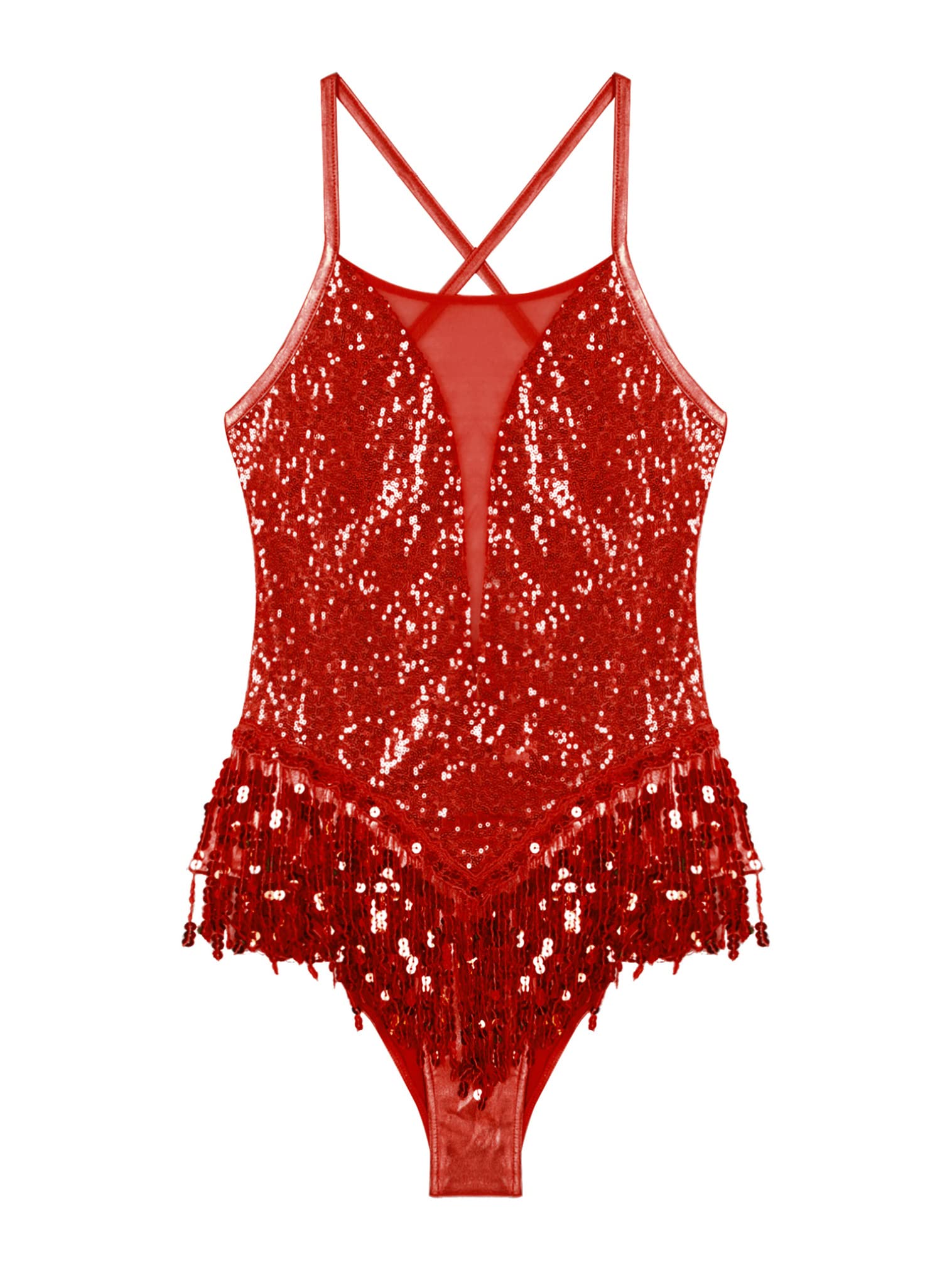 FEESHOW Women's Sequin Fringe Leotard - Shiny Tassel Latin Dance Costume, Jazz Dance Top Bodysuit for Performance, Competition & Stage Shows