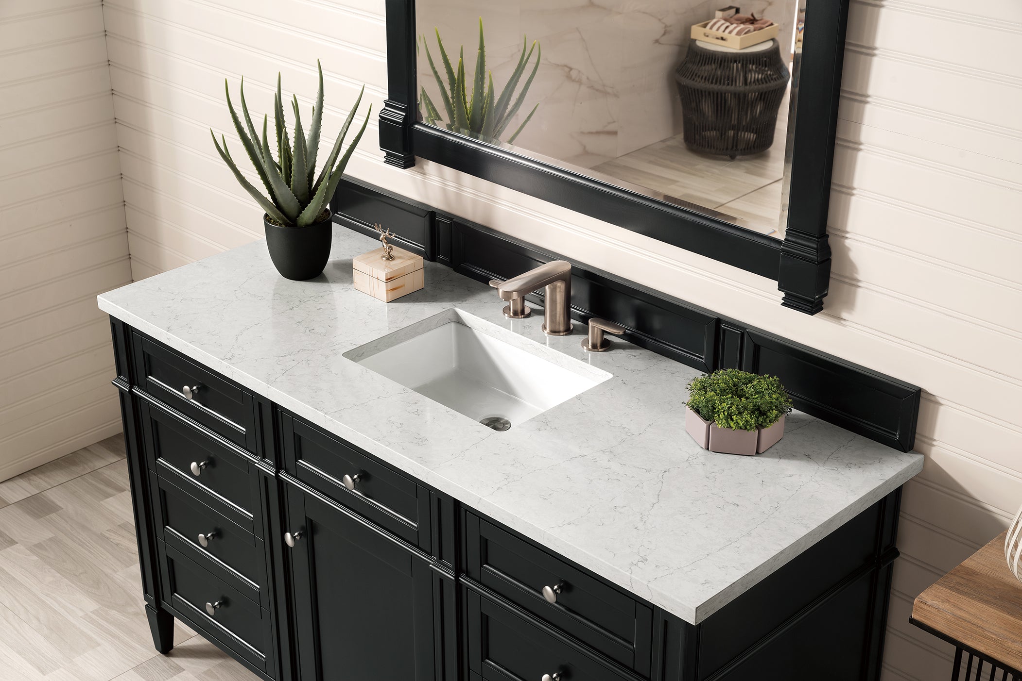 Brittany 60-Inch Single Bathroom Vanity in Black Onyx with 3CM Eternal Jasmine Pearl Quartz Countertop - Perfect for Modern Master Bathrooms & Powder Rooms