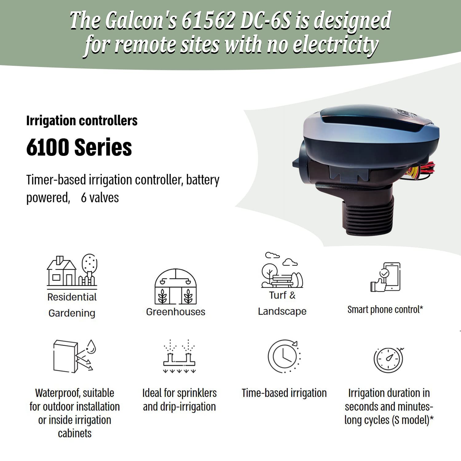 Galcon 61562 DC-6S 6-Station Battery Operated Irrigation Timer for Sprinkler & Drip Systems - Indoor/Outdoor Watering Solution with Daily/Cyclic Programs - Perfect for Home Gardens, Nurseries, Greenhouses & Propagation Misting (Model GAJFSI002P0)
