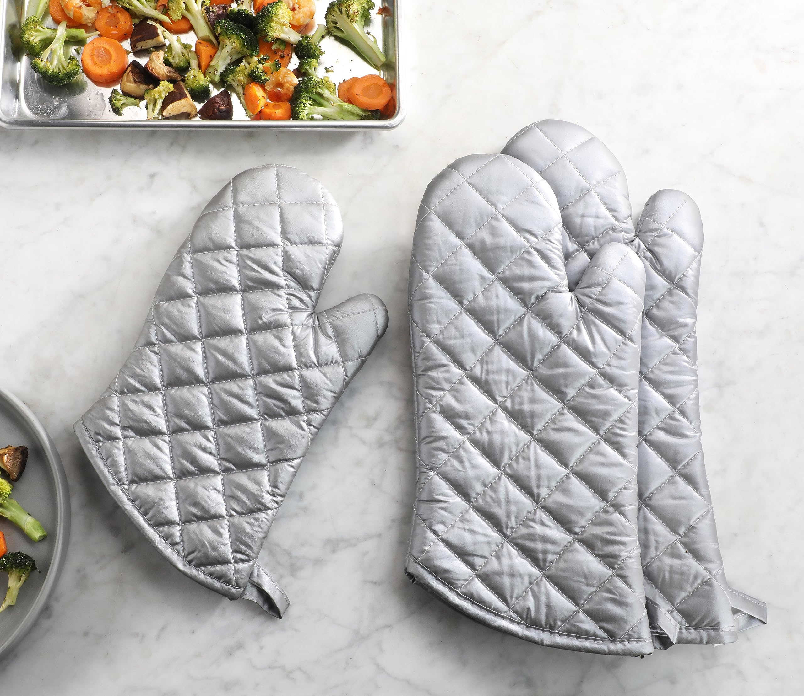 Premium Heat-Resistant Oven Mitts Set of 2 - 15-Inch Silver Interwoven Cloth & Silicone Gloves - Up to 400°F Protection for Baking, Grilling, Cooking - Ideal for Kitchen, BBQ & Food Service Use