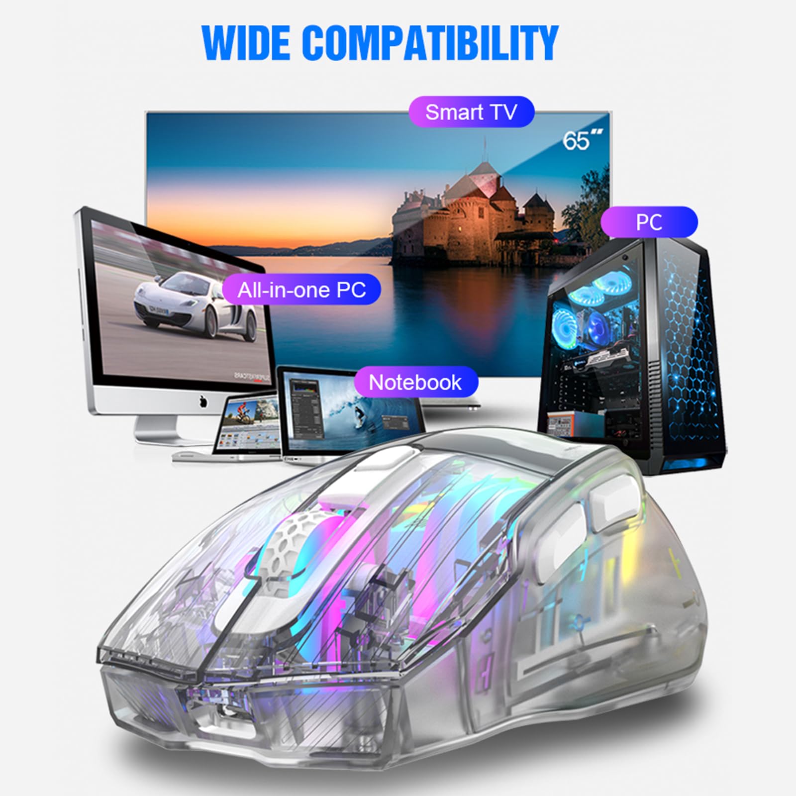 Zienstar Wireless Gaming Mouse - Transparent Crystal Shell, Tri-Mode (USB/2.4G/Bluetooth), Silent Click, Rechargeable, RGB Backlit for PC, Laptop, Mac - Perfect for Gaming, Office & Home Use
