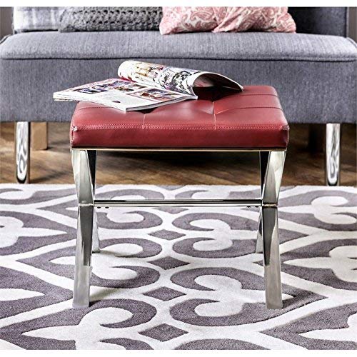 Vendera Leatherette Ottoman with Chrome Accent - Red Modern Footrest Stool for Living Room, Bedroom & Office | Furniture of America