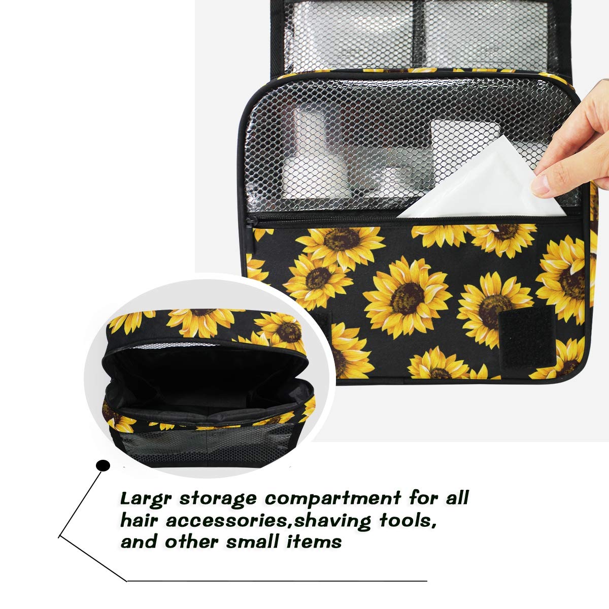Sunflower Black Floral Hanging Toiletry Bag - Large Waterproof Cosmetic Organizer Pouch for Women & Girls | Travel, Gym, Makeup Storage & Daily Essentials