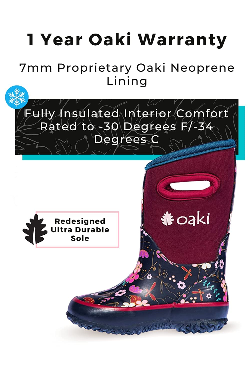 OAKI Kids Neoprene Rain Boots - Waterproof Snow Boots for Boys & Girls - Warm Muck Boots for Outdoor Play, Hiking & Puddles