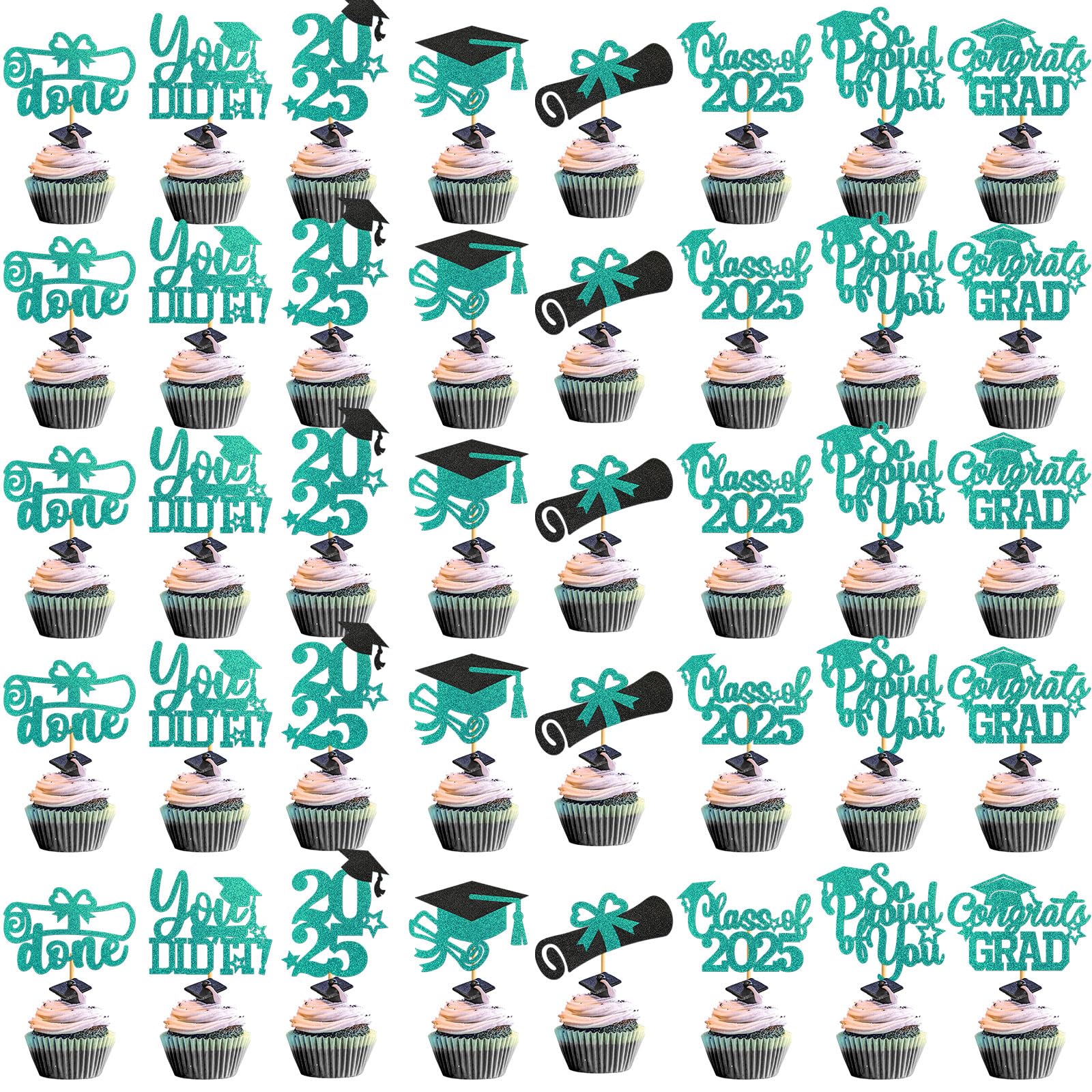 40Pcs Teal Graduation Cupcake Toppers 2025 - Class of 2025 Party Decorations, Congrats Grad Cap Picks for Graduation Ceremony, School Party & Celebration Supplies - Perfect for Cupcakes, Cakes & Desserts at Graduation Parties