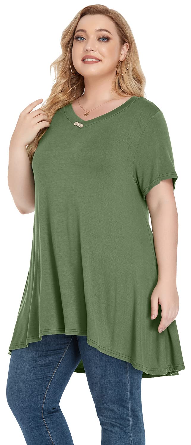 POSESHE Women's Plus Size Summer Tops - Casual Short Sleeve V-Neck Asymmetrical Tunic Blouse for Work, Date & Vacation | Flowy Comfort Shirts for Curvy Women
