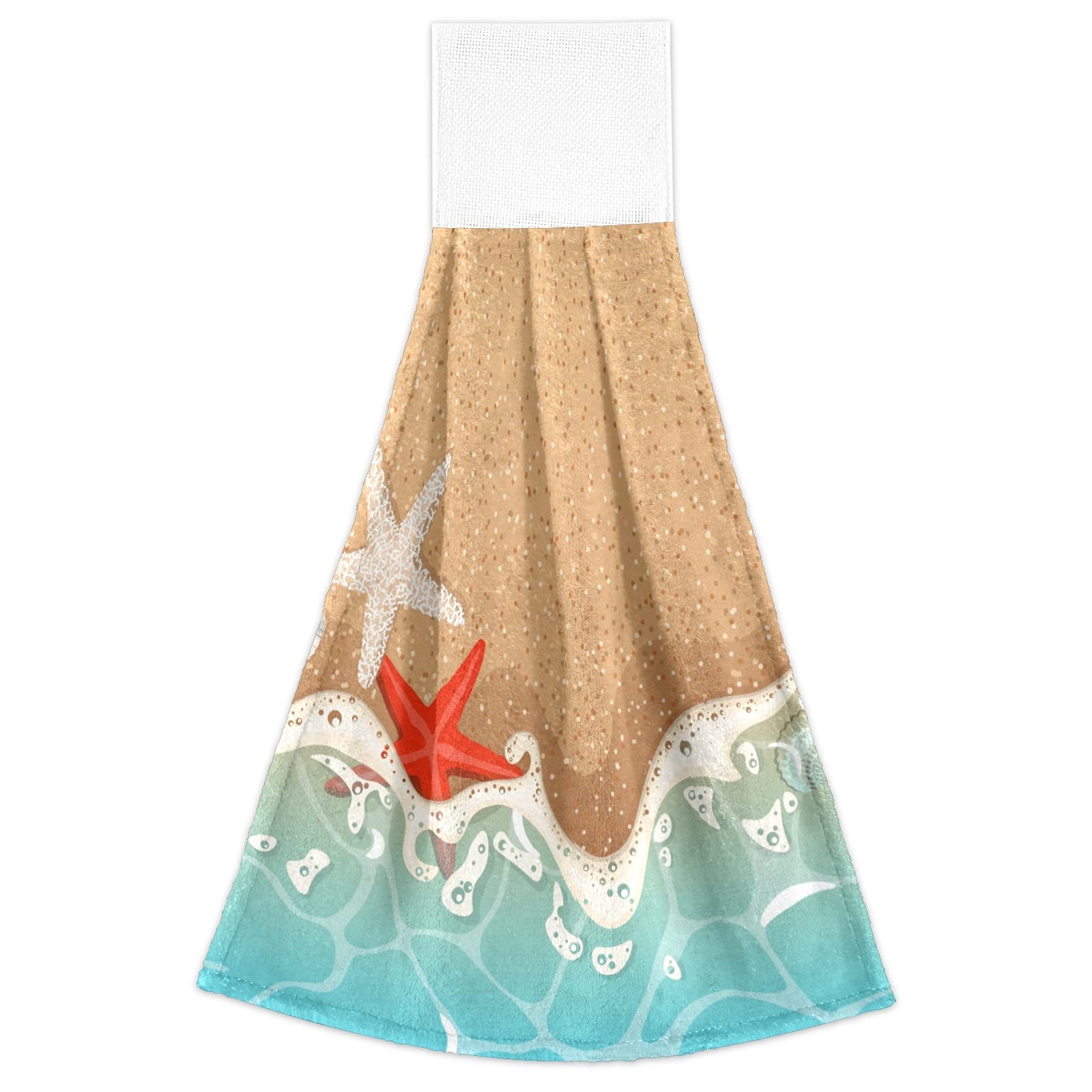 2-Pack Fast-Drying Absorbent Soft Kitchen Hand Towels - Sandy Beach Sea Wave Starfish Shells Design for Home Kitchen & Bathroom Decor | Perfect for Drying Dishes, Cleaning Countertops, and Adding Coastal Style