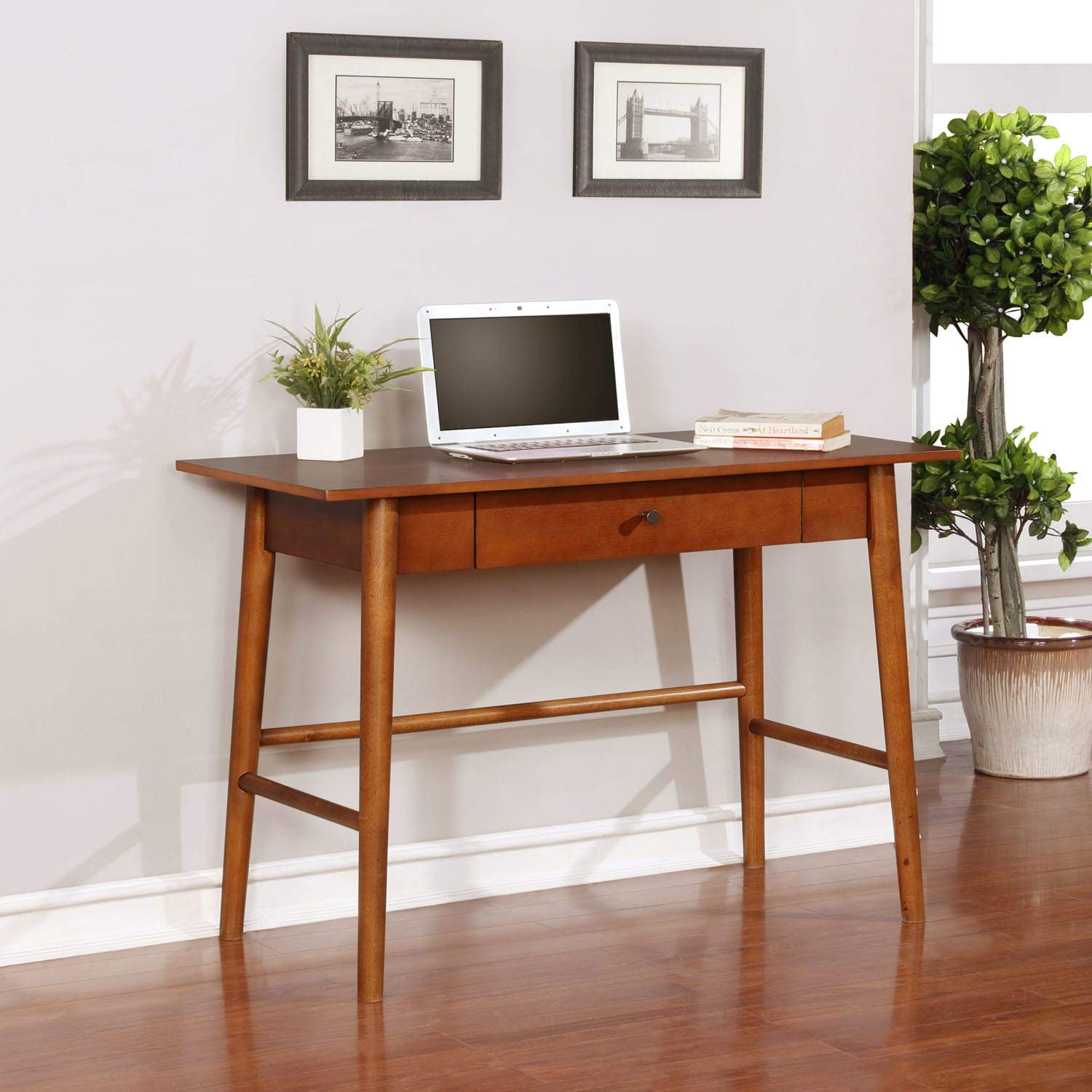 Mid-Century Modern Brown Rectangular Desk with Rubberwood Finish and Drawers - Perfect for Home Office, Study Room & Workspace