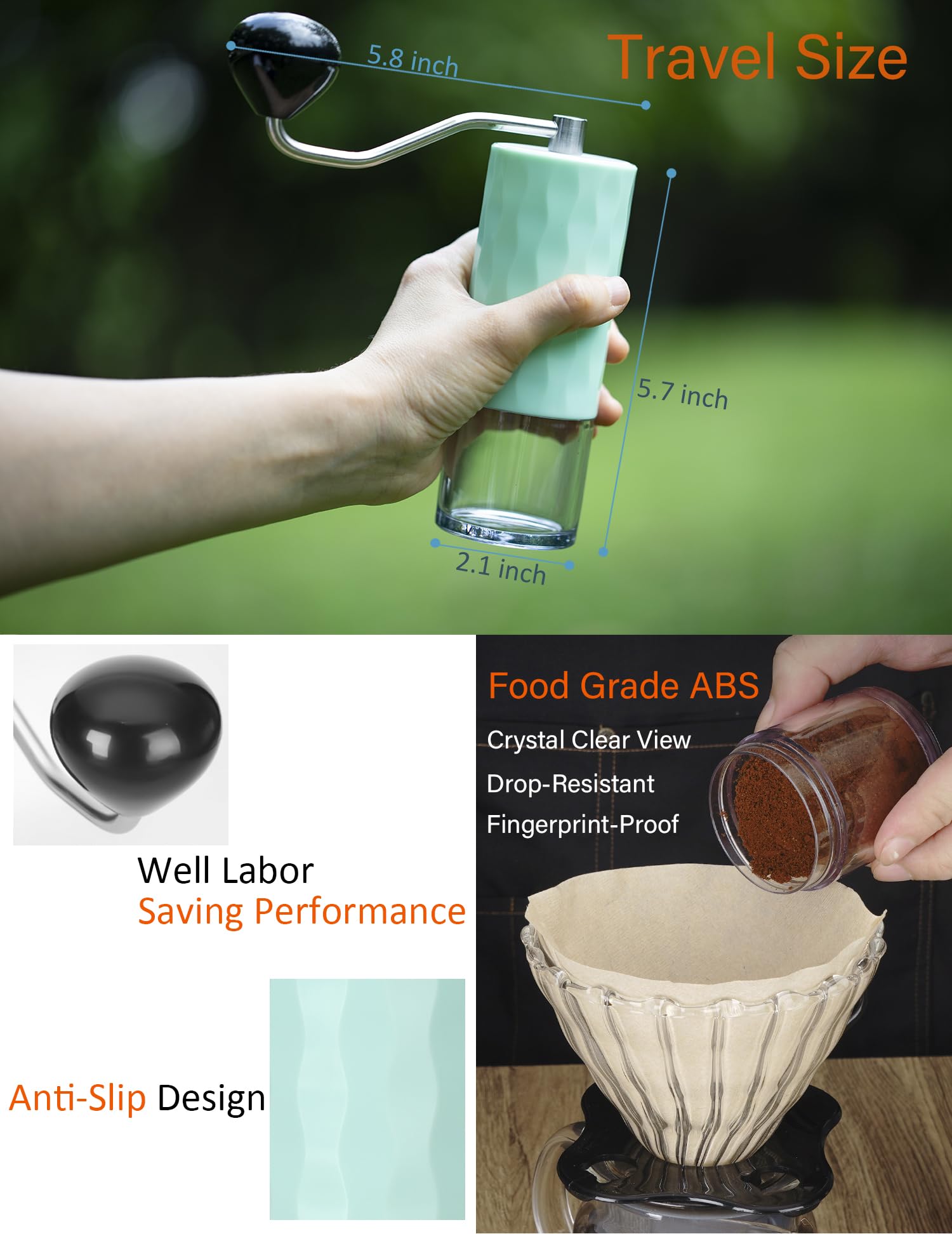 Premium Manual Stainless Steel Burr Coffee Grinder - Adjustable Fineness, Portable Hand Crank Mill for Espresso, Drip Coffee & French Press - Perfect for Camping, Travel, Hiking & Home Use - Ideal Gift (Pale Green)