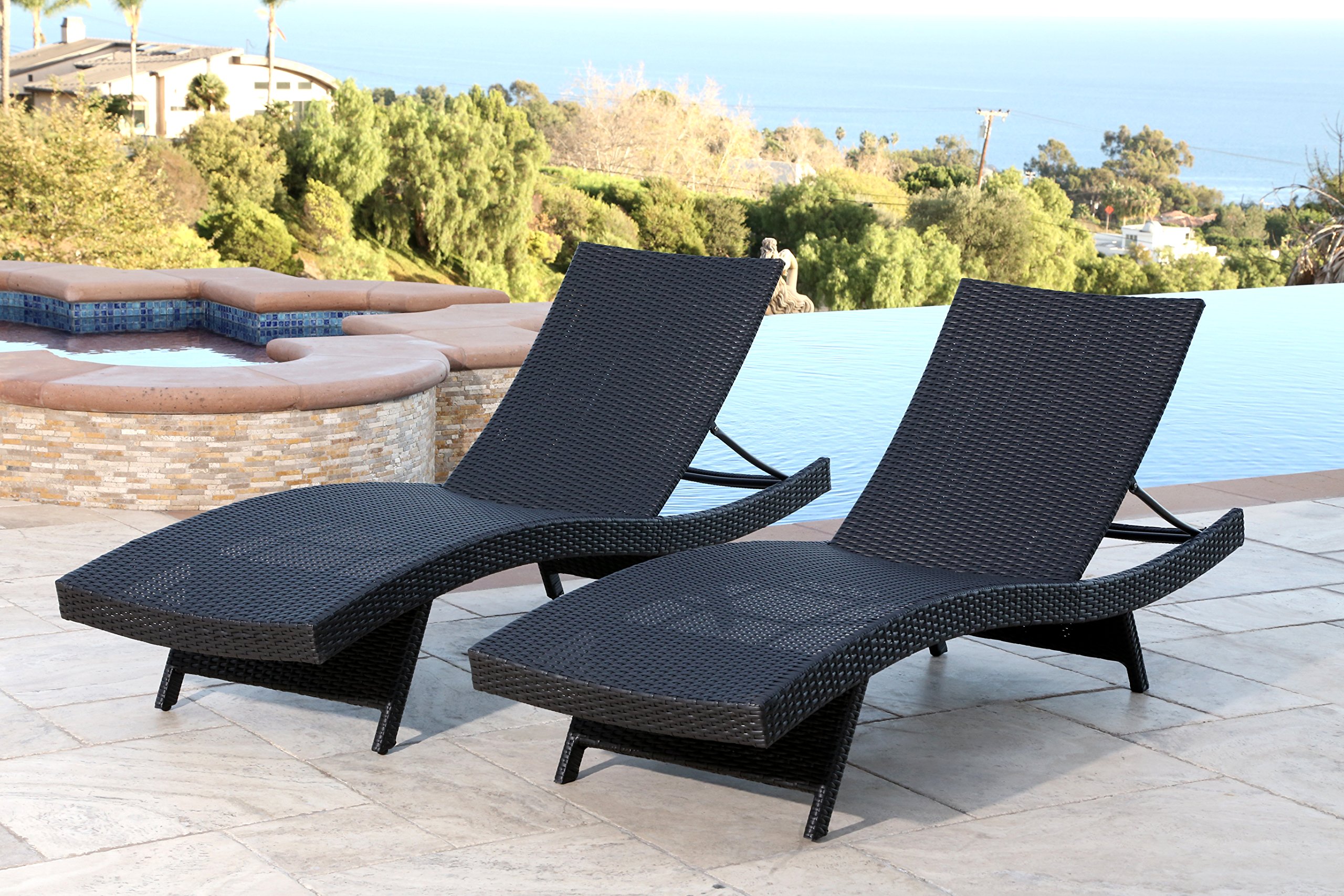 Abbyson Living Outdoor Adjustable Chaise Lounge Chair Set of 2 - Black Wicker Patio Furniture for Poolside, Garden & Backyard Relaxation