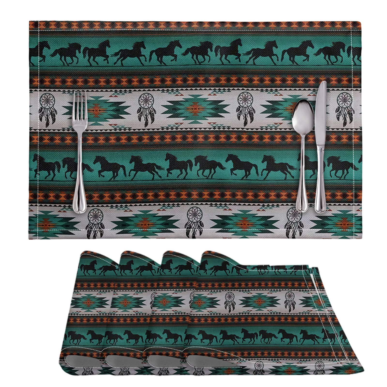 SEANATIVE Southwestern Horse Aztec Tribal 6-Piece Placemat Set - Stain-Resistant & Washable Table Mats for Dining Table - Eco-Friendly Materials - Perfect for Kitchen, Dinner Party, and Home Decor