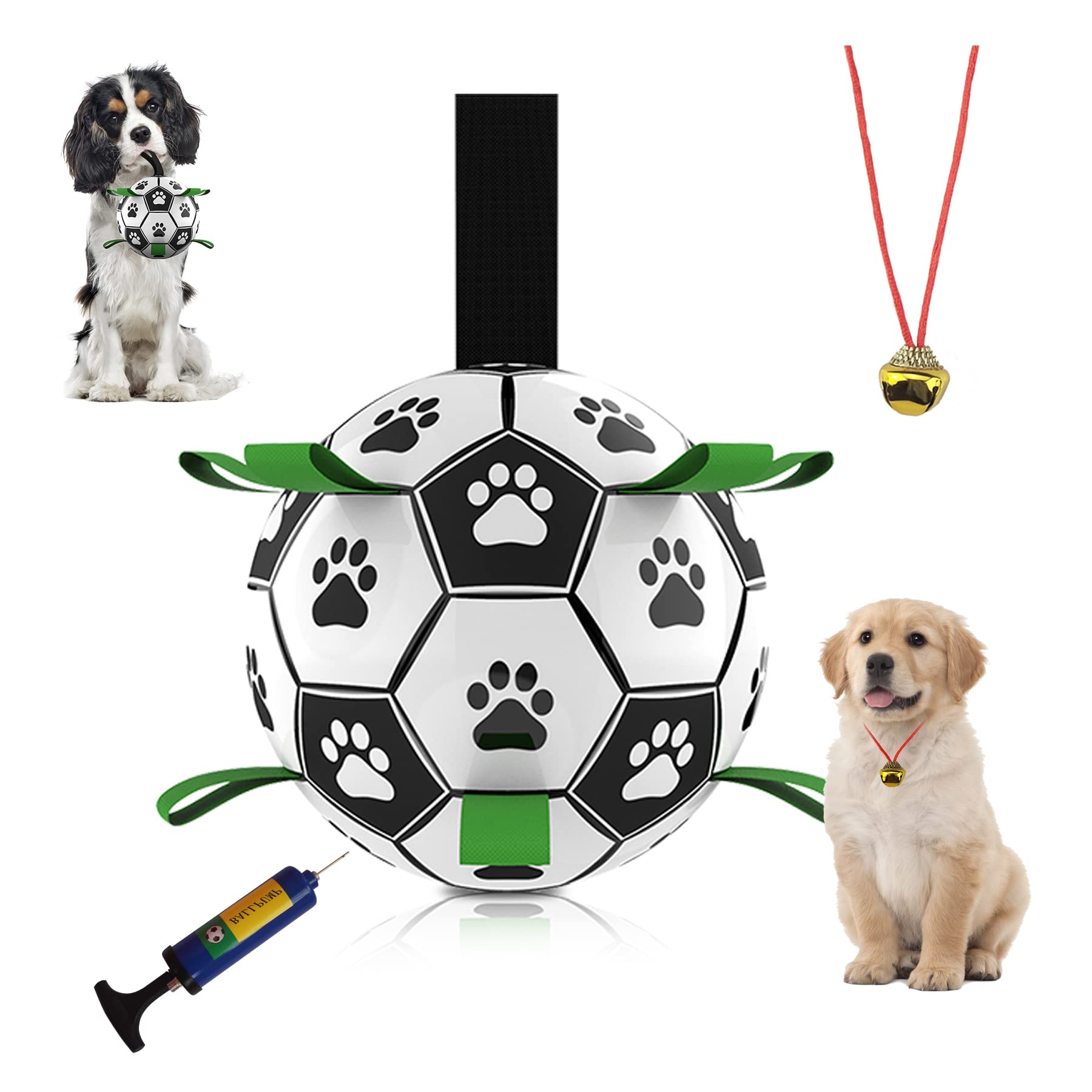 Interactive Dog Soccer Ball Toy with Training Bell - Fun Chew & Fetch Toy for Small to Medium Dogs - Perfect for Indoor/Outdoor Play, Training & Birthday Gifts (Green, Medium Size)